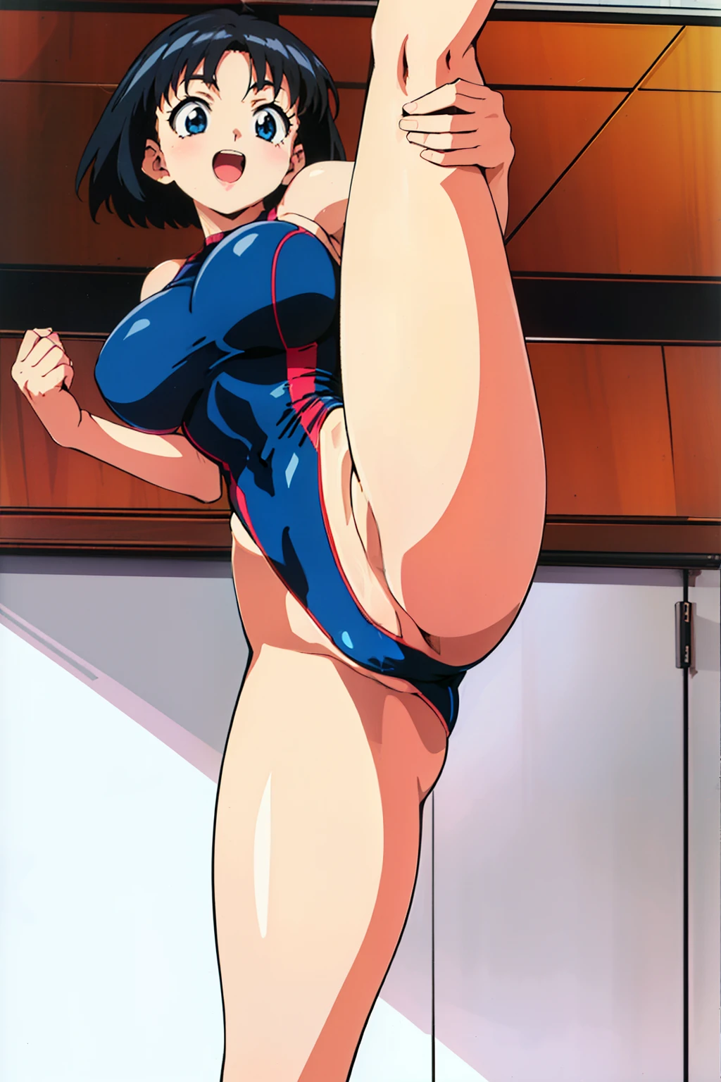 best quality, ultra-detailed, high resolution,1990s \(style\),retro artstyle,1990s anime cels style, sports gym, 1girl, huge , black hair, short hair, leotard, (happy:1.2), open mouth, (standing_split, standing_on_one_leg, leg lift, holding leg:1.3)