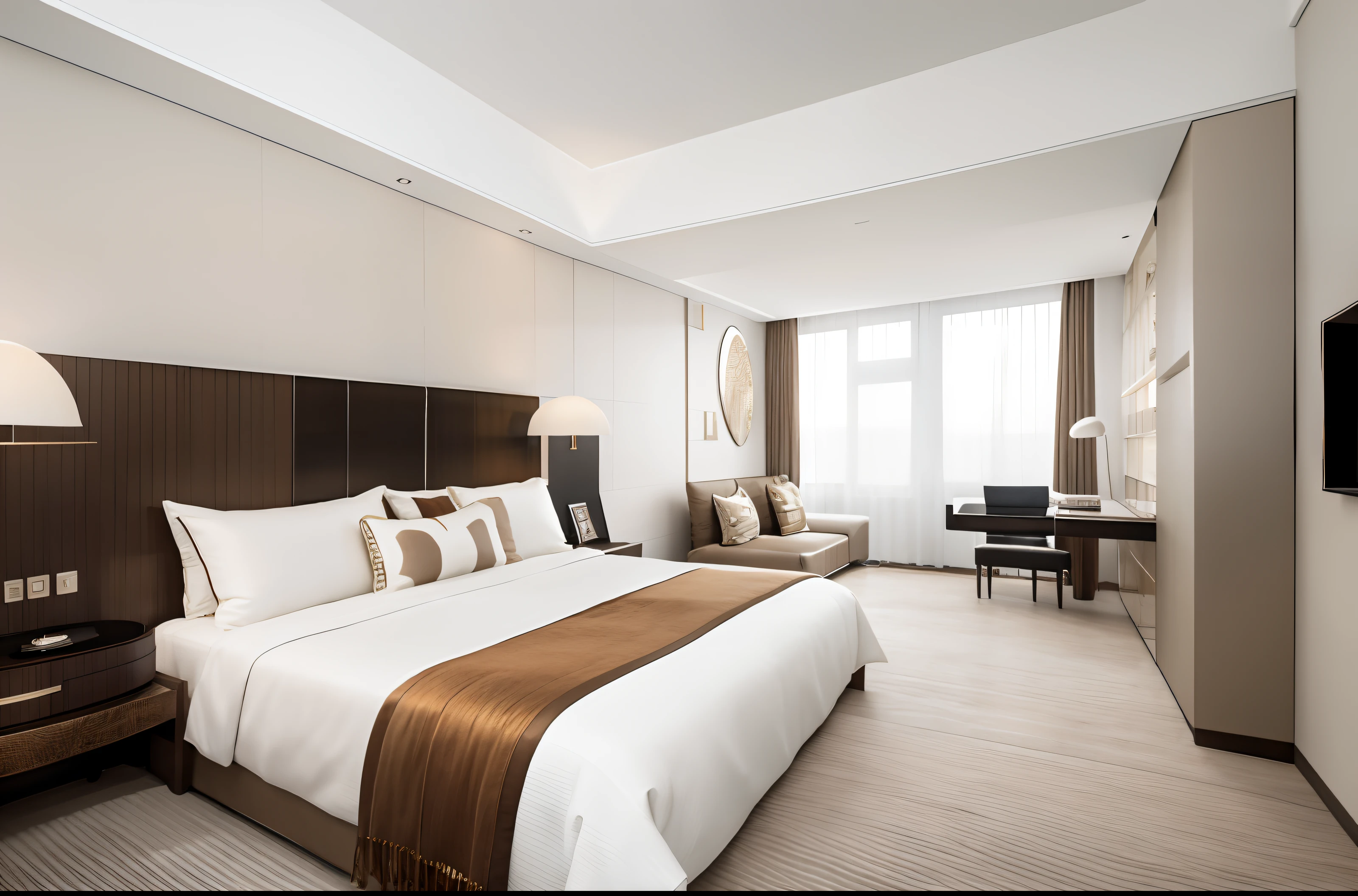 "Luxury hotel rooms,Equipped with Araf bed,Comfortable posture,Meticulous image detail,Magnificent and spectacular landscape,Light illuminated amber,Kingsoft Enterprise Promotion Offers,Pleasant natural light background,Beautifully decorated rooms with interiors,High-quality digitally enhanced images,Richly textured furniture decoration。"
