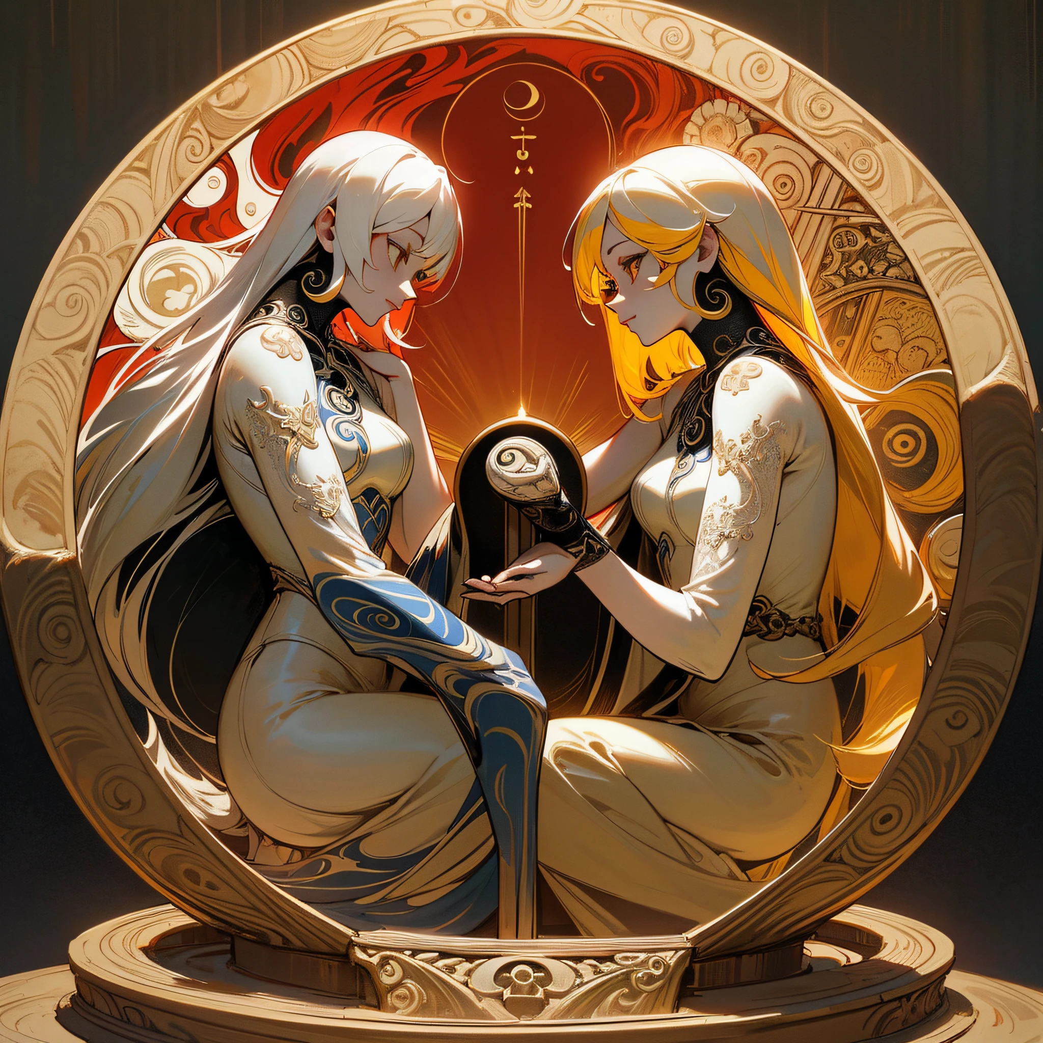 (maximum quality, exquisite design, better lighting, better shading), statue in the form of Yin Yang, under the moon and the sun, detailed and realistic details, intricate, carved in red and yellow marble (only the multicolored hair), shining with moonlight and sunlight, a perfect balance between light and dark, mystical and serene.