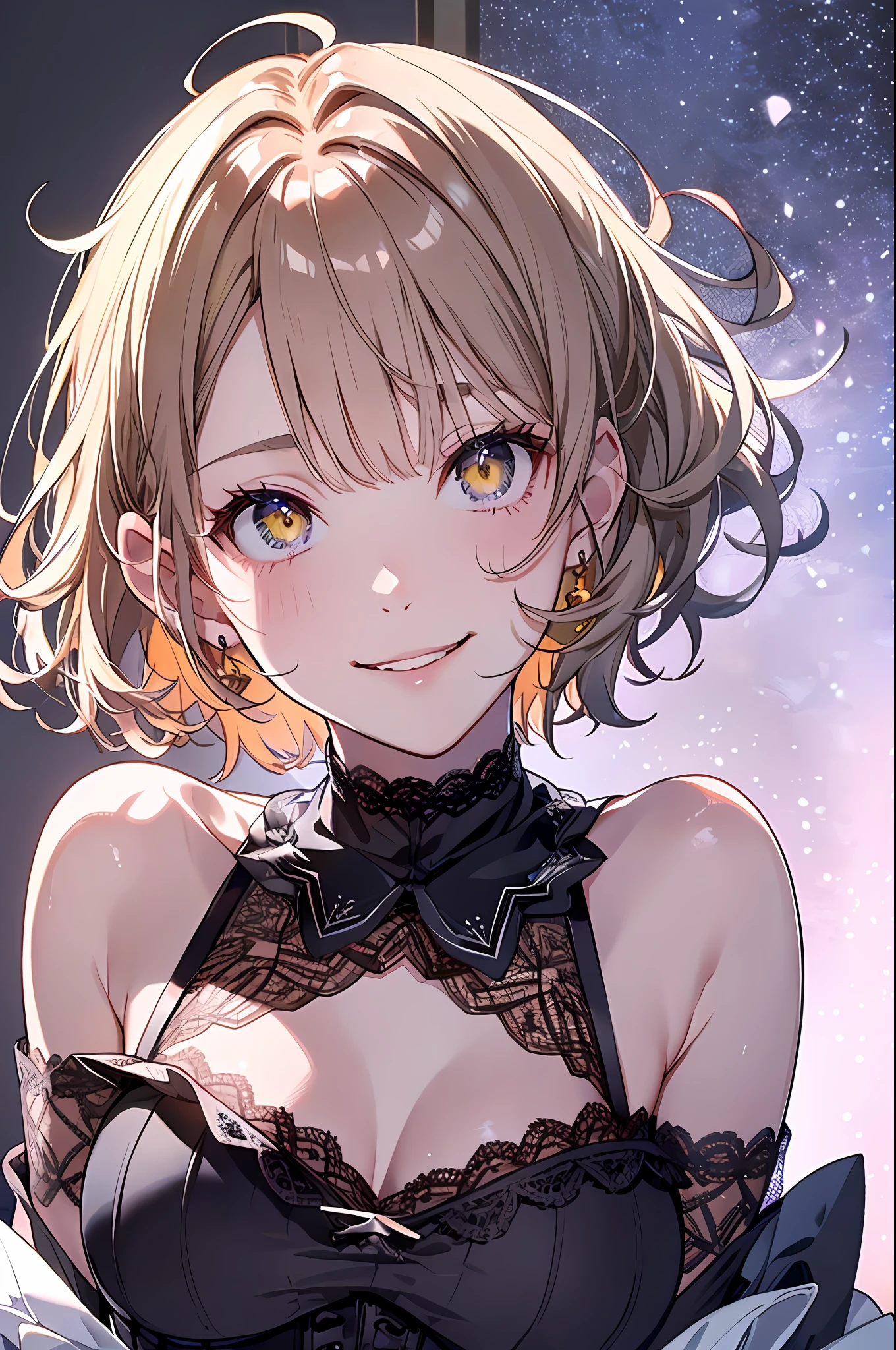 Idol, Masterpiece, Top Quality, Beautiful Face, Absurdity, HDR, (Cowboy Shot, White Ruffled Lace Mini Dress, White Collar, White Ruffle Cuff, Particles: 1.5), (Bloom, Glow: 1.4), (Smile), (Blonde Short, Yellow Eyes: 1.7), Sharp Focus, Photorealistic, High Resolution, Best Detailed, Ultra Detailed, Detailed Face and Eyes, Sharp Pupils, Realistic Pupils, Sharp Focus, Glossy Skin, (Black Corset: 1), (Dark Studio, Dark Background: 1.5), Rim Lighting, Dynamic and Cinematic Lighting, (((Skirt Lift: 1.3)))), ((White Panties Visible))),