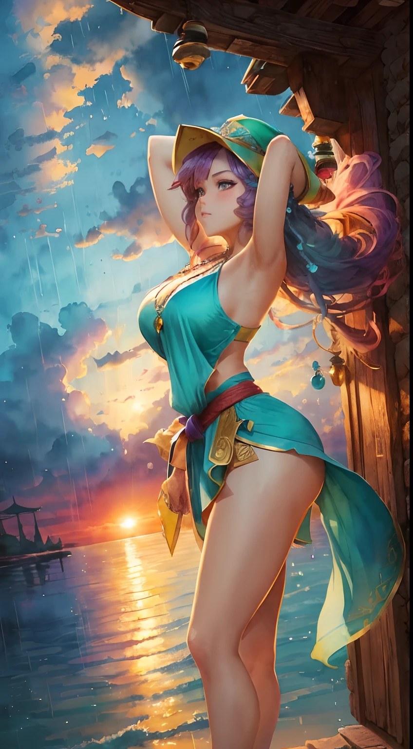 (Beautiful girl),(Midjourney style),(high qulity),(detail-rich),(dynamic angle),(dynamicposes),(Turquoise eyes),(The color hair:1.2+redheadwear:1.1+Purple hair big breasts+Yellow-haired:1.1+Green hair:1.1),(White martial arts costume),(Necklace),(Beautiful face),(rain drops),(Clouds),(eventide),(wide angles),(Watercolor effect) --auto