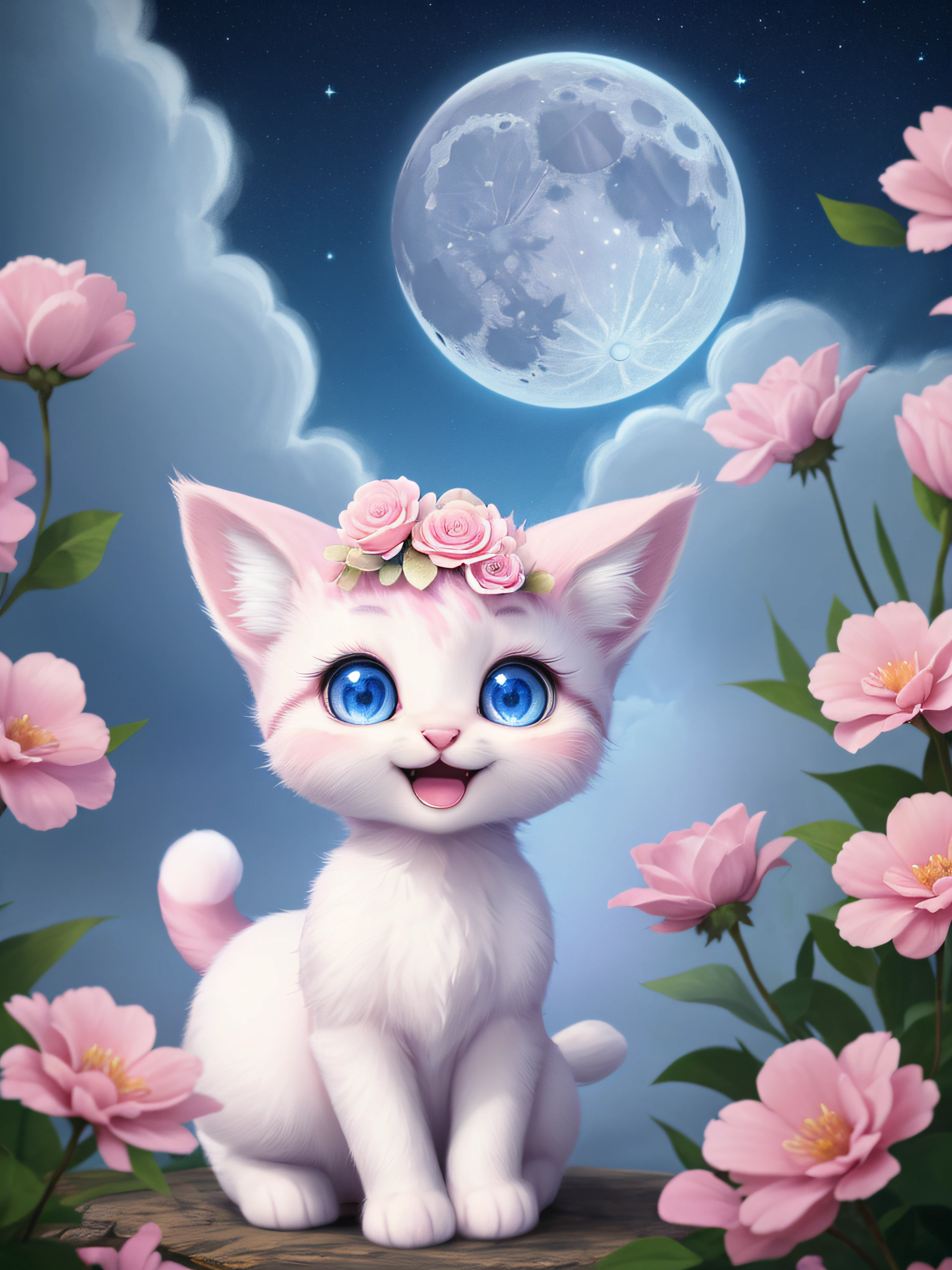 A kitten with a tiny tail, a small nose, small ears, blue eyes, pink background, flowers, vases, dreams, open mouth, smile, Caroline Chariot-Dayez pastels, tumblr, furry art, elokitty, Disney's Bambi cat, Disney's stylized furry, ears floating, fluffy tail, fluffy '', fluffy !!!, high resolution, furry art!!! The moon, small in size