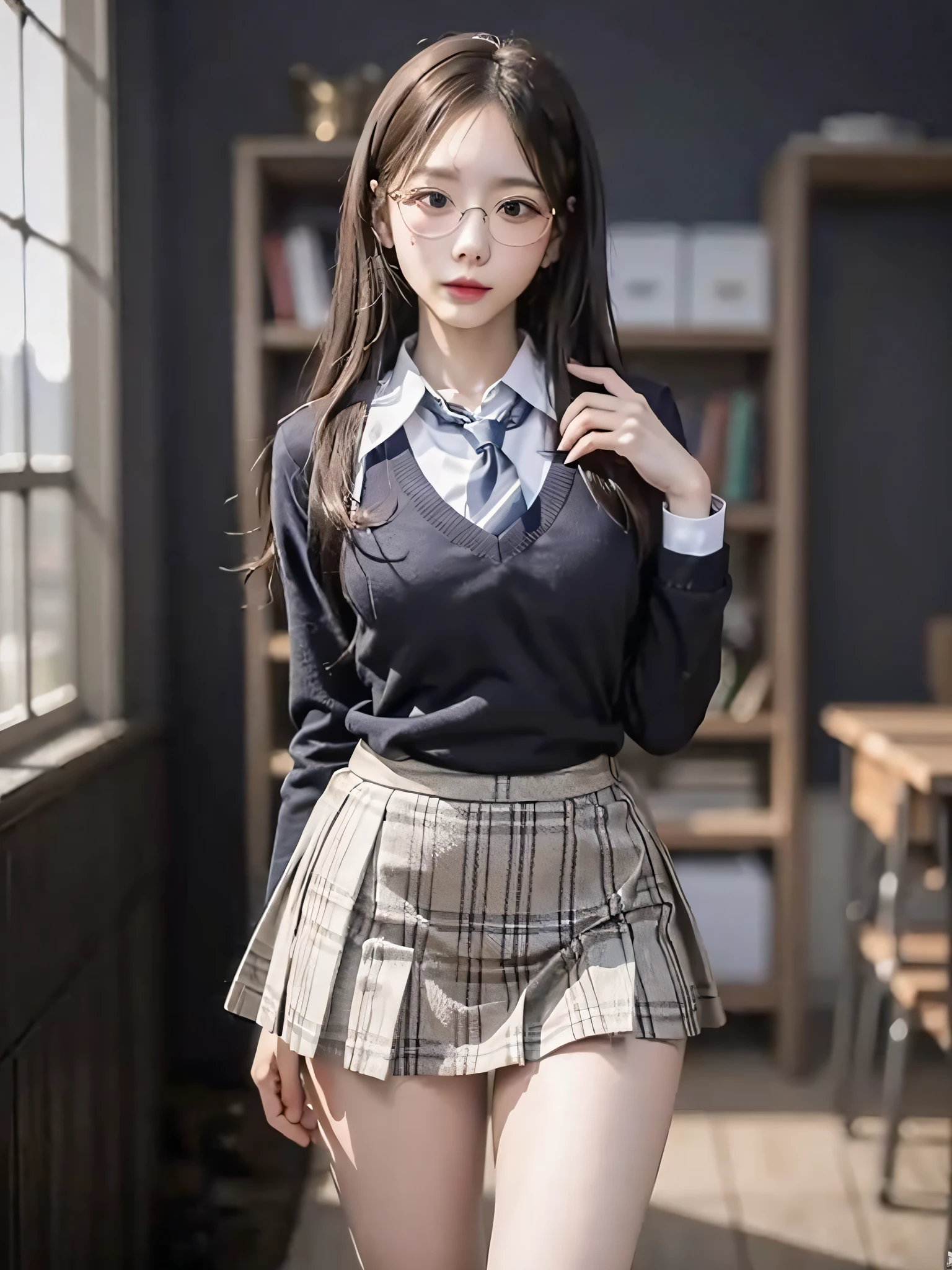 masterpiece, best quality, 1girl, (pureerosface_v1), (school uniform:1.2), (large breast, narrow waist), feature, glasses, (dark background:1.2)