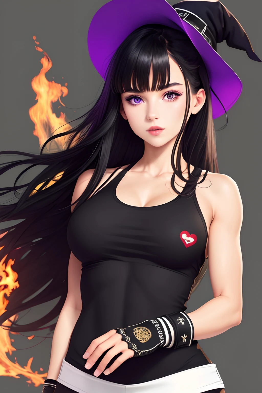 ((stickers)), 1girl, solo, long hair, breasts, looking at viewer, bangs, black hair, gloves, hat, bare shoulders, medium breasts, purple eyes, collarbone, upper body, parted lips, black headwear, muscular, witch hat, tank top, fire, muscular female, black tank top  (masterpiece:1.2), (best quality), (ultra detailed), (8k, 4k, intricate),(highly detailed:1.2),(center), no cropped,