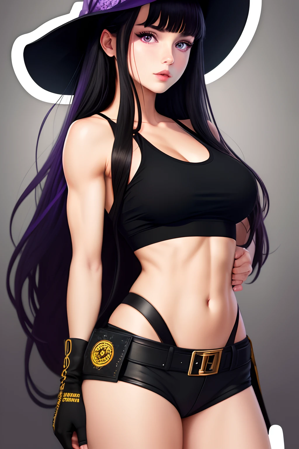 ((stickers)), 1girl, solo, long hair, breasts, looking at viewer, bangs, black hair, gloves, hat, bare shoulders, medium breasts, purple eyes, collarbone, upper body, parted lips, black headwear, muscular, witch hat, tank top, fire, muscular female, black tank top  (masterpiece:1.2), (best quality), (ultra detailed), (8k, 4k, intricate),(highly detailed:1.2),(center), no cropped,