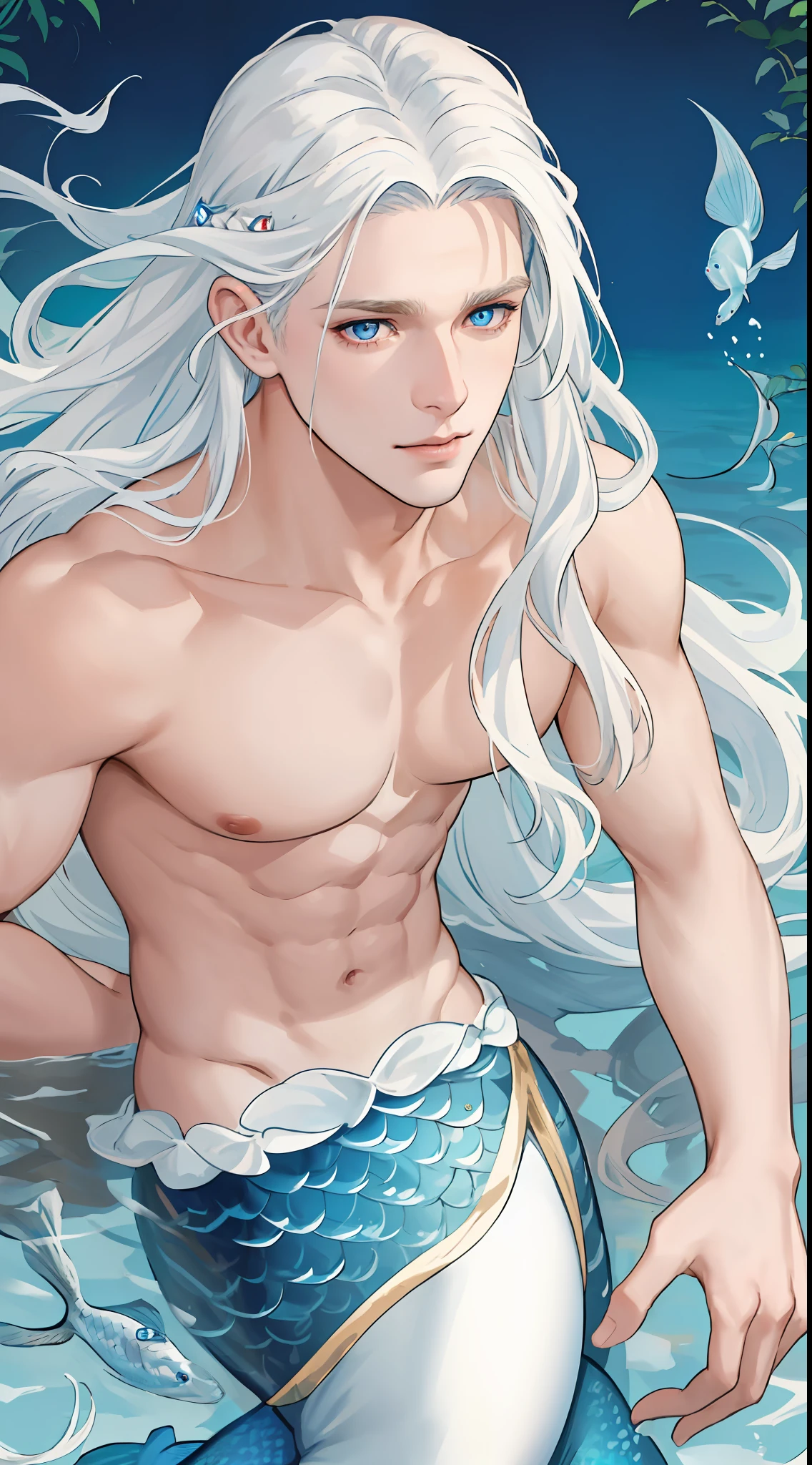 masterpiece, best quality, realistic, a MALE MERMAID, 1man, male focus, tall muscular, long wavy white hair, flying bangs, blue eyes, fish eyes, handsome, gorgeous accessories, portrait,extremely detailed face, white background, simple background, fish scales