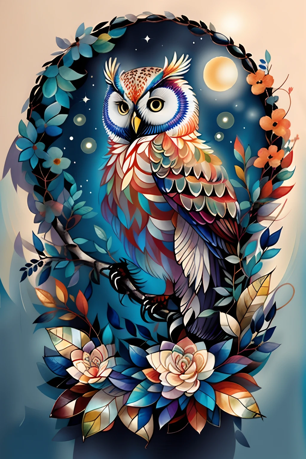 Illustration of an owl sitting on a branch with flowers and leaves, rich and vivid colors, Hand drawn owl, There are flames all around, Extremely colorful, Colorful illustrations,, multicolored tshirt art，aquarelle，Delicate watercolor，Diffusion watercolor