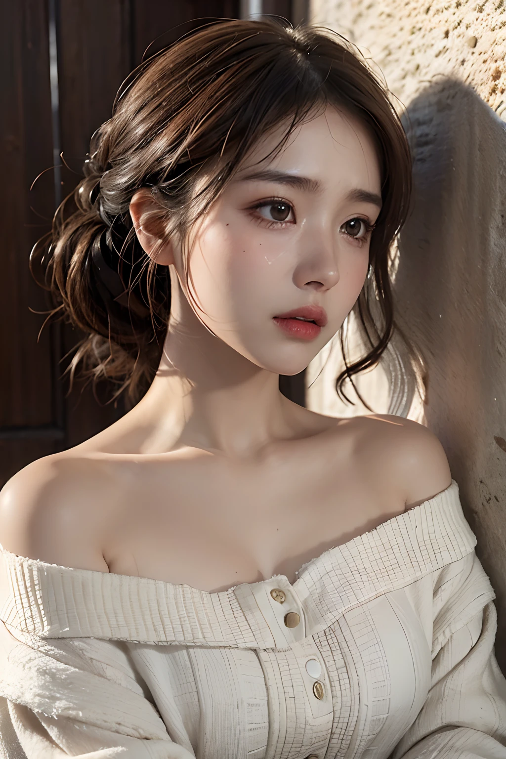 Best quality, masterpiece, ultra high res, (photorealistic:1.4), raw photo, (Authentic skin texture:1.3), (film grain:1.3), panorama, character portrait, very wide shot, narrow waist, cowboy shot, (in the dark, deep shadow, low key, cold light,) night, close-up, streaming tears,
indoor, dust, Tyndall effect, sad, disappointed, gloom (expression), sitting, (against wall), crying, frown, (head bowed), nervous, tearing up, lonely,
1girl, beautiful detailed eyes and face, white jabot, off shoulder, brown eyes,