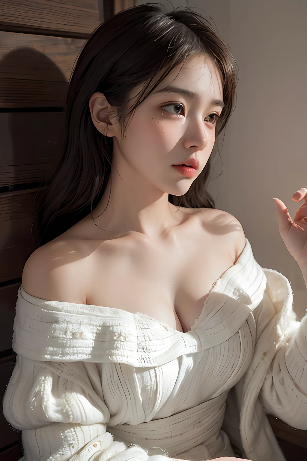 Best quality, masterpiece, ultra high res, (photorealistic:1.4), raw photo, (Authentic skin texture:1.3), (film grain:1.3), panorama, character portrait, very wide shot, narrow waist, cowboy shot, (in the dark, deep shadow, low key, cold light,) night, close-up, streaming tears,
indoor, dust, Tyndall effect, sad, disappointed, gloom (expression), sitting, (against wall), crying, frown, (head bowed), nervous, tearing up, lonely,
1girl, beautiful detailed eyes and face, white jabot, off shoulder, brown eyes,