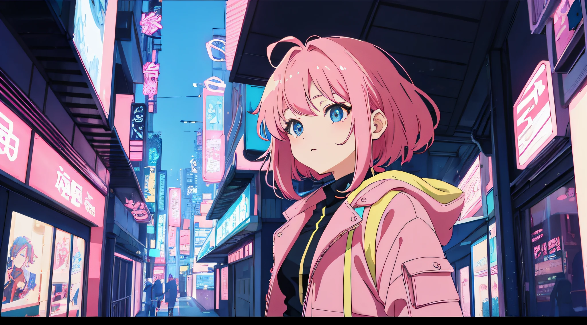 a woman in a pink jacket standing on a city street, anime style. 8k, anime style 4 k, anime vibes, modern anime style, 8 0 s anime vibe, lofi artstyle, anime moe artstyle, lofi girl, anime style artwork, anime style illustration, cyberpunk vibes, clean detailed anime style, modern cyberpunk anime