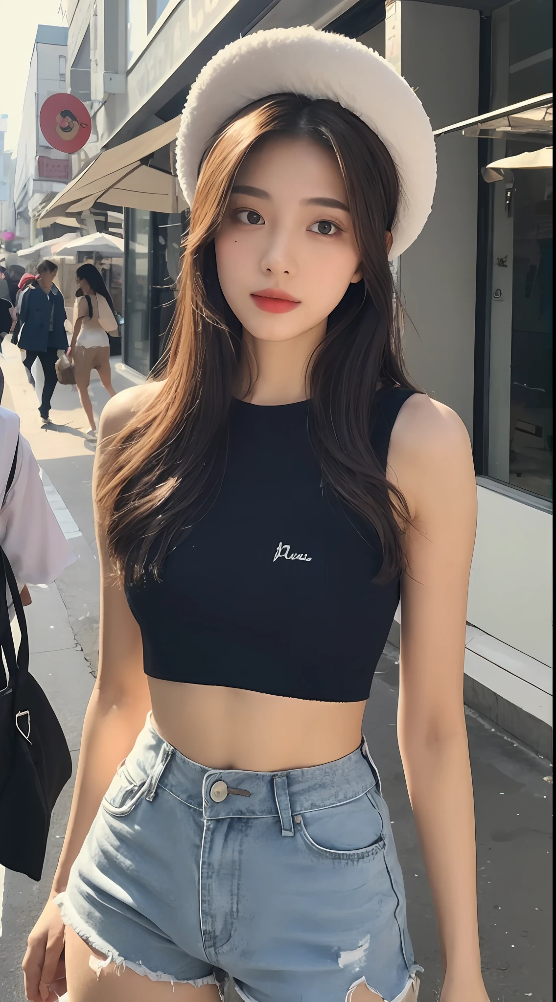 ((Best Quality, 8K, Masterpiece: 1.3)), (Flower Cap: 1.3), Focus: 1.2, Perfect Body Beauty: 1.4, (Layered Haircut: 1.2)), (Dark Street: 1.3), Highly Detailed Face and Skin Texture, Delicate Eyes, Double Eyelids, Whitened Skin, Long Hair, (Round Face: 1.5), (Loose Crop Top, Shorts: 1.6)