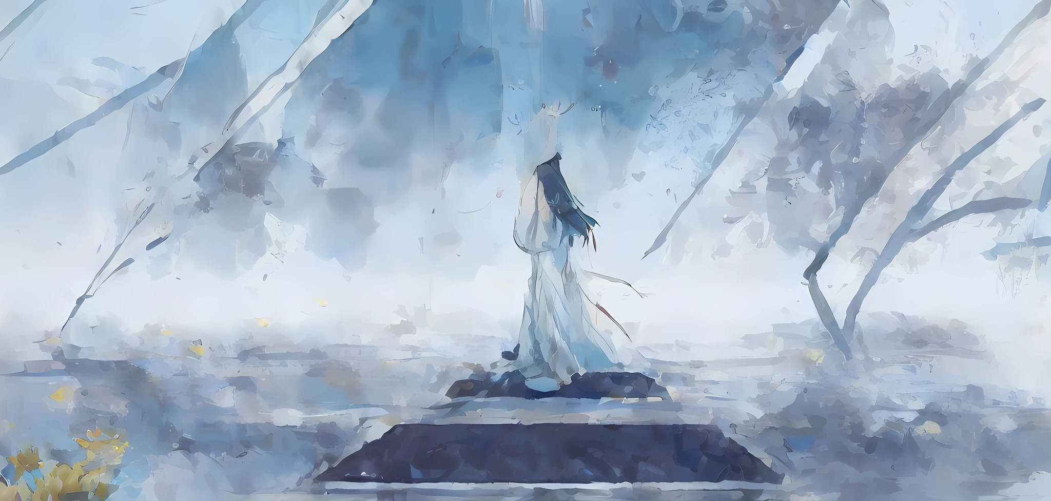 (tmasterpiece,best qualtiy:1.2),Tradition Chinese Ink Painting,green mountains,The composition is minimalist,(One guy),are standing,Fairy Tale Scene,Landscape ink painting,Light blue tones,The back of a long-haired fairy,Look into the distance,Poetic gloom,Beautiful scene composition,