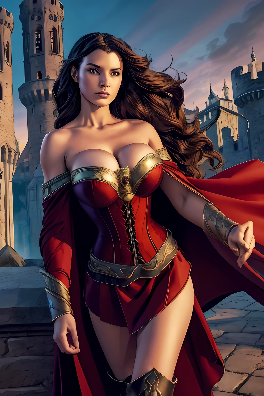 (masterpiece, top quality, best quality, official art, beautiful and aesthetic:1.2), (1girl:1.3), long and curly dark brown hair, extremely detailed, portrait, looking at viewer, solo, (full body:0.6), detailed background, close up, mischievous eyes, (warm summer castle theme:1.1), sorceress, charlatan, smirk, mysterious, walking in courtyard, revealing ((dark red)) sorcerer attire, red knee-length red skirt, off shoulder, straps, long sleeves, loose sleeves, cloak, corset, black leggings, black trousers, black pants, long brown boots, buckles, straps, pouches, magic energy, red fabric, white trim, ((((gigantic breasts, cleavage, skindentation)))), slim waist, slim hips, long legs, medieval (castle exterior:1.1) background, dark mysterious lighting, shadows, magical atmosphere, dutch angle