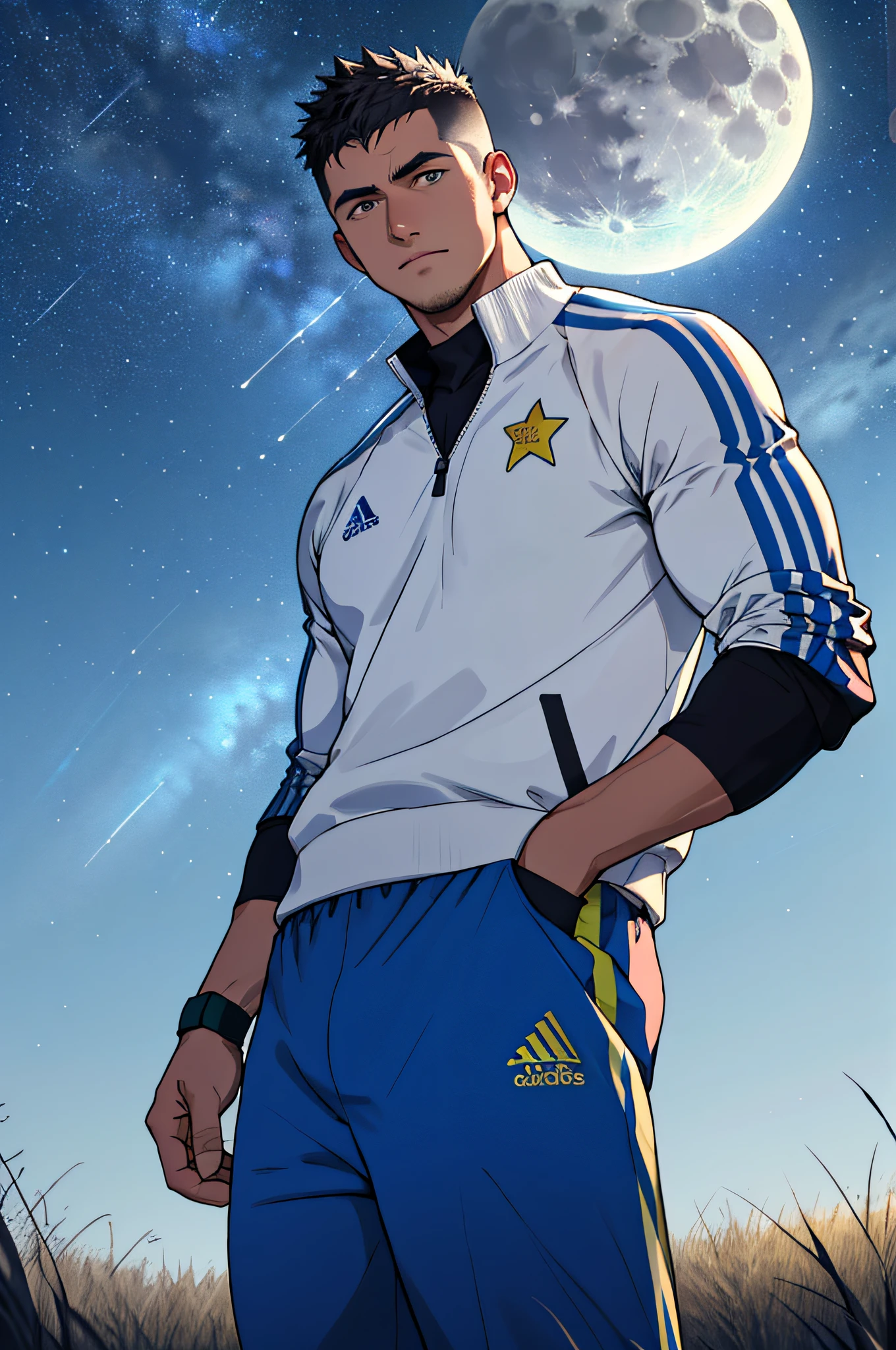 Draw a full-fledged footballer,Standing on the steppe at night,He was wearing a tracksuit,The man looks confident and determined,looking-down,Crew cut,full bodyesbian,Stars dot the sky,shooting from below,Big moon highlights background