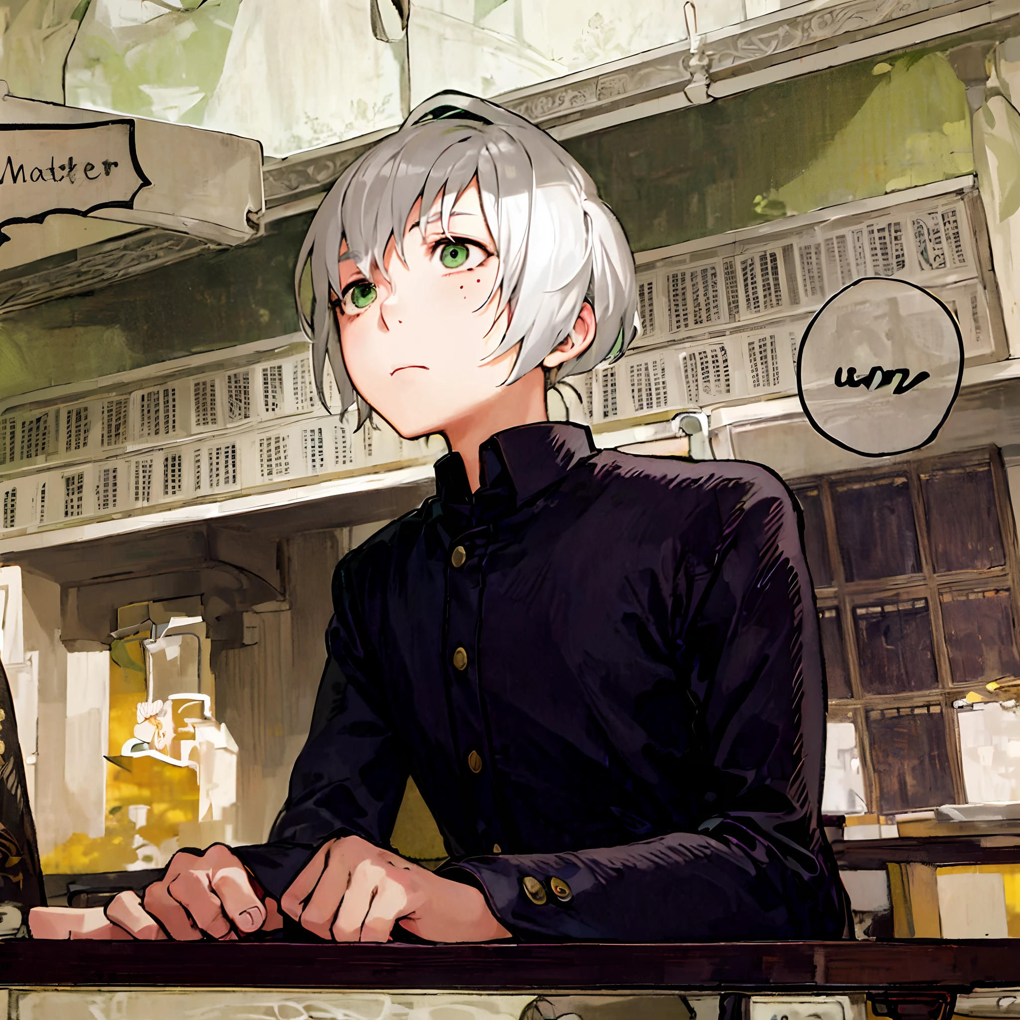 "masterpiece, high quality illustration, high detailed background, ultra detailed lighting, 1boy with short white hair and green eyes, wearing a school uniform, sitting at a table indoors. He has a closed mouth, a mole under his eyes, and a ponytail. The chair he is sitting on has visible eyebrows through his hair and his hair falls between his eyes."
