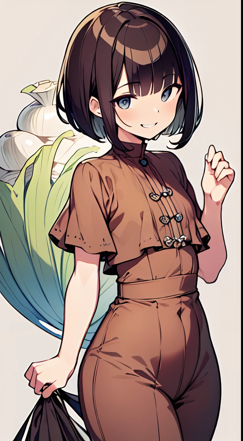 masutepiece, Best Quality,Illustration, Wallpaper, Ultra Detail, absurderes, 1womanl,Solo,Beautiful detailed eyes,
Bangs, Medium Short-Cut Hair, (XD)、(((Shallow onion-colored clothing)))、((Full smile))、((Small curvaceous))