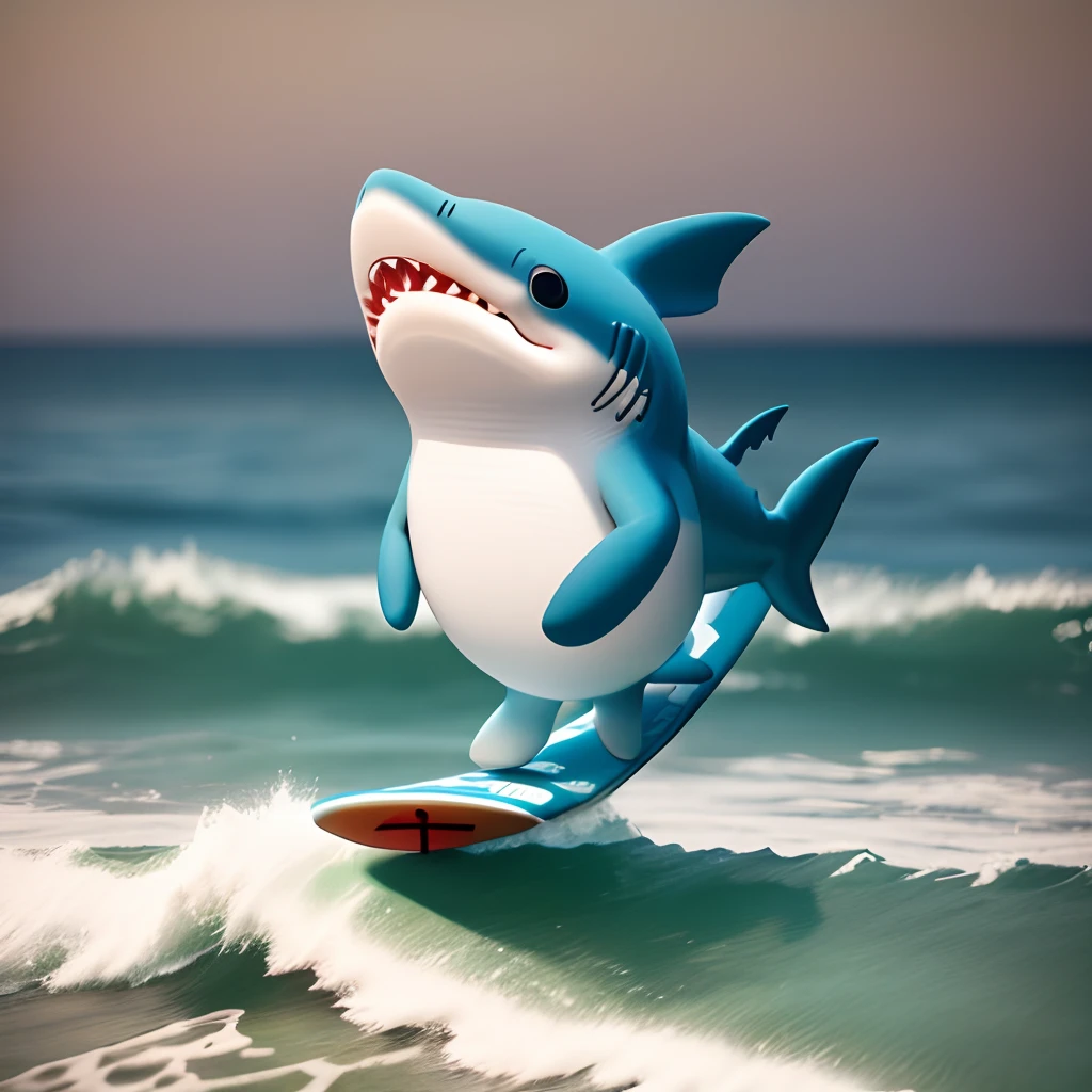 A small 3D character of a shark on top of a surfboard, fofo kawaii cute