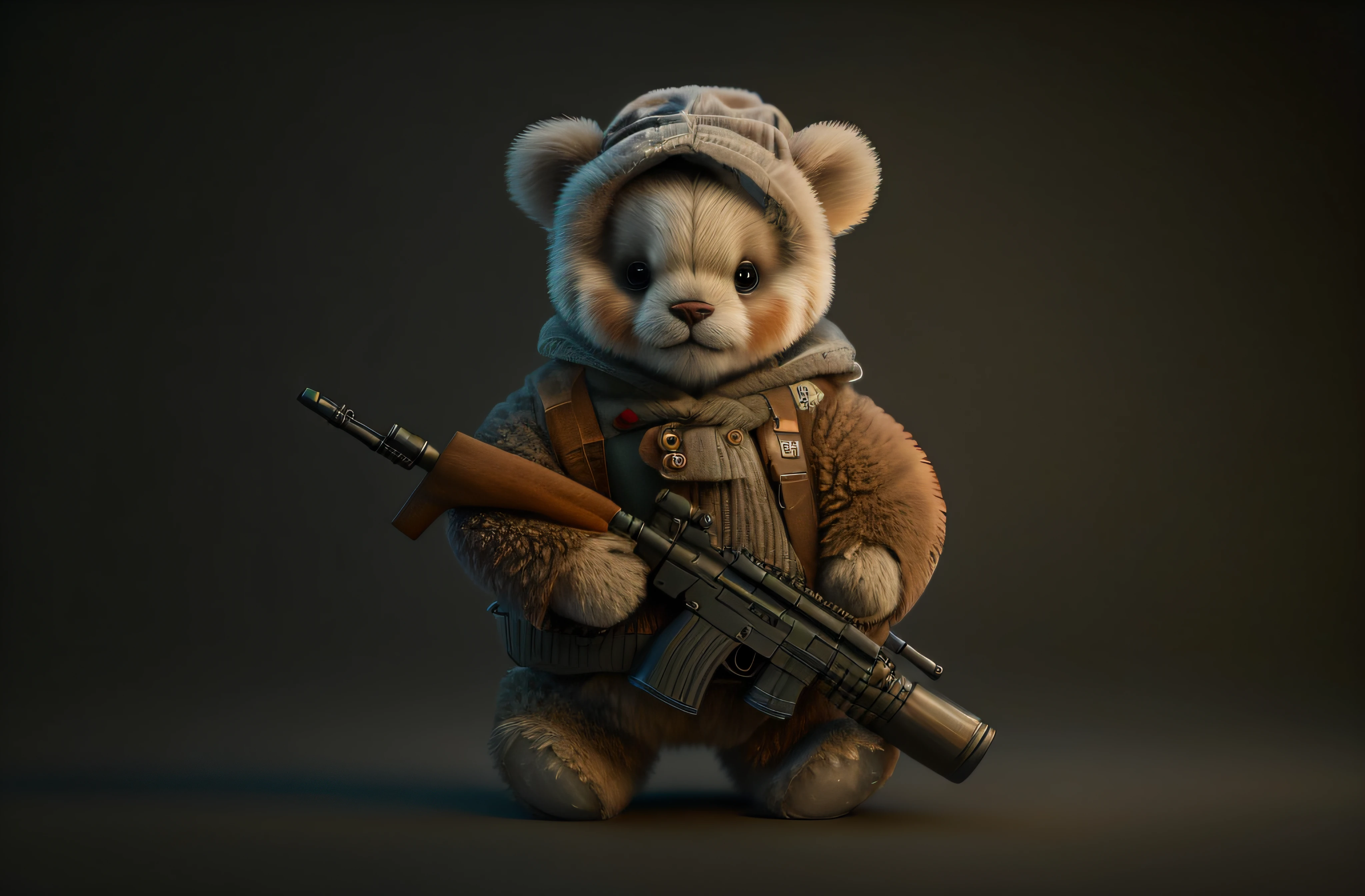 There's a teddy bear with a gun and a hat, Wojtek FUS, the teddy bear is holding a gun, Sergey Zabelin, Directed by: Adam Marczyński, Directed by: Artur Tarnowski, Directed by: Tadeusz Pruszkówski, bonito 3 d render, Directed by: Ludwik Konarzewski