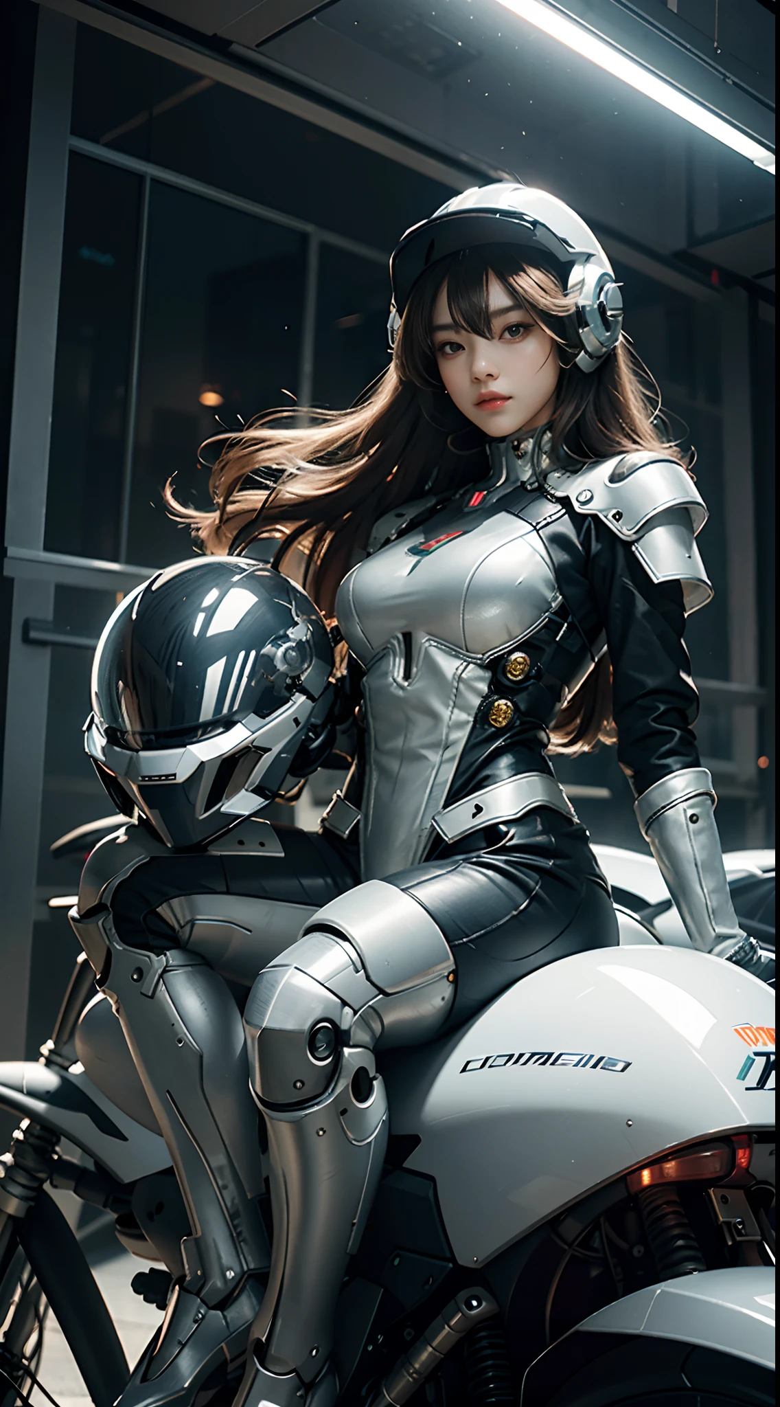 Highest image quality, outstanding detail, ultra-high resolution, (realism: 1.4), the best illustration, favor details, highly condensed 1girl, looking at viewer,with a delicate and beautiful face, wearing a silver mech, wearing a mecha helmet, holding a directional controller, riding on a motorcycle, the background is a high-tech lighting scene of the future city.