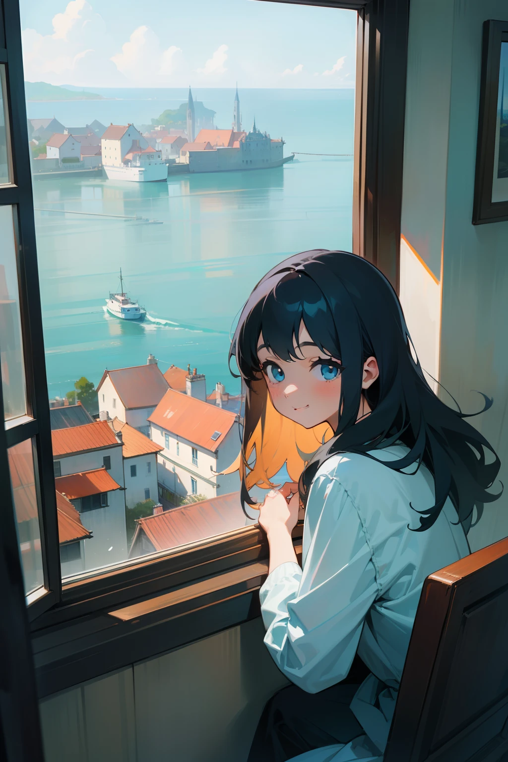 A girl who opens the window of her house and looks out and listens carefully、Admire the European-style city view with the sea in a nostalgic atmosphere。The girl is smiling with her eyes closed.、Listening to the sound of the waves。