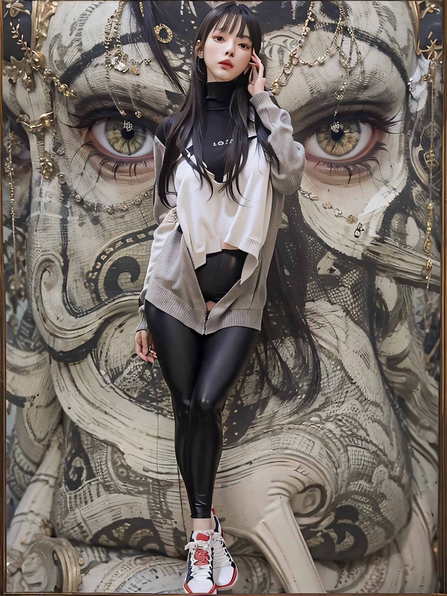 "((best quality, masterpiece)), an exquisite portrait of a perfect figure 22-year-old woman, wearing black thight leggings. Her detailed eyes (x1.1) and face (x1.2) are captivating."
