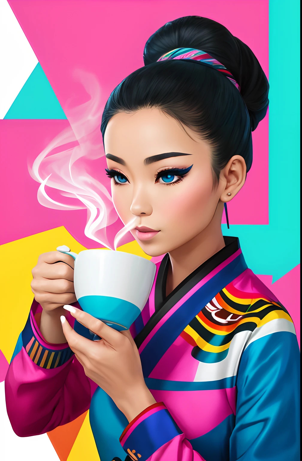 (A BEAUTIFUL ORIENTAL WOMAN WITH A CUP OF COFFEE COMING OUT SMOKE IN HER HAND, Beautiful cup ,Coloridas ,pink and blue WRITTEN WE COOFFE IN THE CUP ),  Eduardo Kobra ,Romero Brito,The Filling Twins ,multidimensional geometric wall PORTRAIT, arte, Chibi,
Yang08k, lindo, Colouring,
Primary works, qualidade superior, melhor qualidade, Arte Oficial, Beautiful and Aesthetic, 128 mil