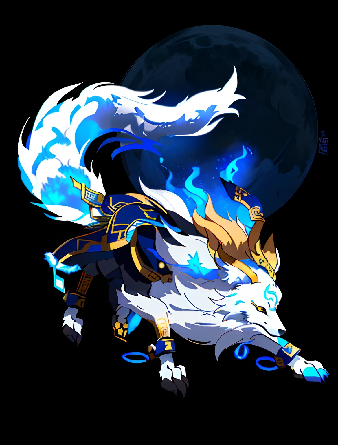 There is a drawing of a white and blue animal with a gold ring, fenrir, Amaterasu, kitsune three - tailed fox, mizutsune, Giant wolf with strong hair, Nine tails, author：Tan Yang Kano, Blue wolf, fox nobushi, Wolves full of wildness, Wolf wearing metal decoration，Solid black background