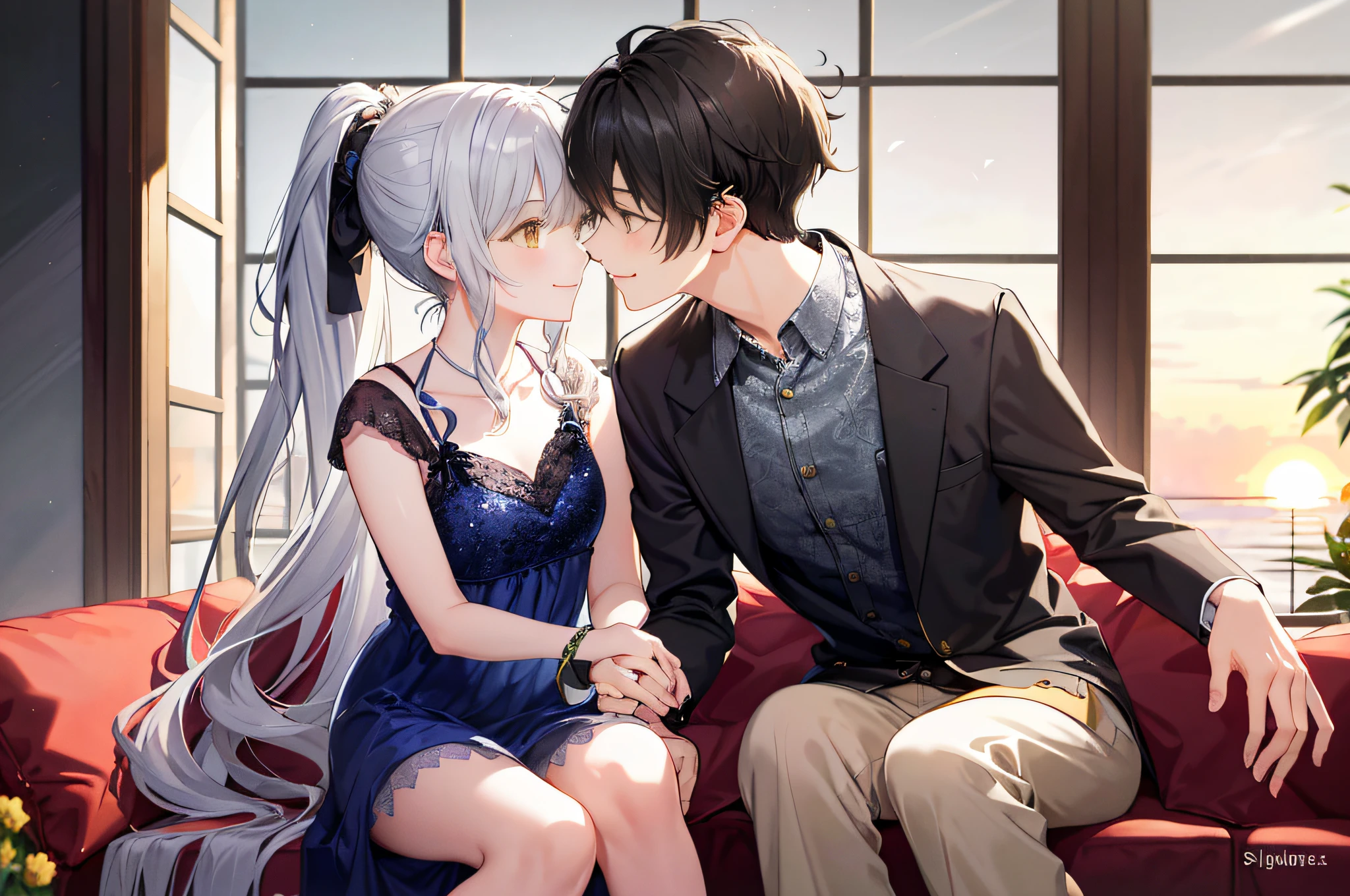 1 short black hair brown eyes male boy in full spring outfit and 1 long messy curly wavy silver hair high ponytail yellow eyes squirming girl in full spring dress juliet long slevess smiling, (Boy with girl smiling), (Boy with girl smiling and loviling)