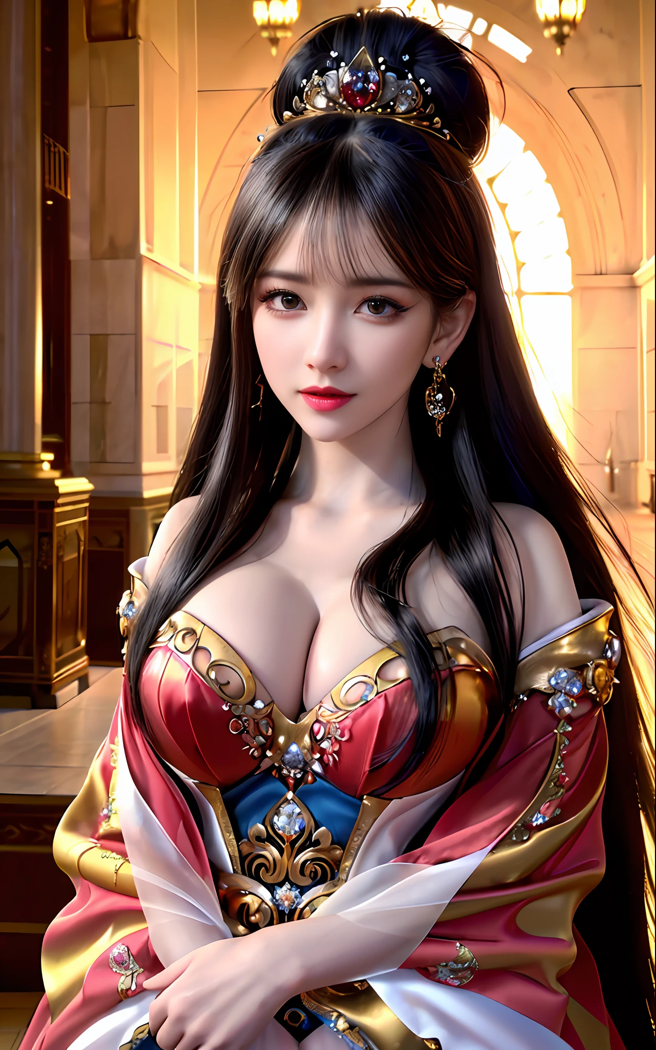 reality: 1.2)), ((realistic: 8K UHD)), ((best resolution: 8K UHD)), hyper detailed, best quality,masterpiece,highres,cg, ((1 girl hyper detailed and hyper realistic) ) , ((beautiful queen, hyper realistic and hyper detailed)),((white skin, beautiful, smooth, youthful, hyper realistic and hyper detailed )), ((Face hyper beautiful, white, hyper realistic and hyper detailed ) ), long hair, ((hyper realistic and hyper detailed dress)), solo, ((hyper realistic, hyper beautiful, beautiful and hyper detailed jewelry)), ((hyper beautiful deep red and golden yellow dress, hyper realistic and hyper detailed )) , ((Her pretty, hyper realistic, hyper detailed diamond filled earrings)), ((Her gorgeous diamond haircut, hyper realistic and hyper detailed)), ((hyper pretty upper body, hyper beautiful, hyper realistic and hyper detailed) ), ((big boobs: 2.5)), ((the backgroun of the royal palace is hyper majestic, hyper realistic and hyper detailed)),((hands and palms hyper beautiful, hyper detailed, hyper realistic)), ((hyper pretty, hyper pretty, hyper realistic and hyper detailed hair bun)), ((hyper pretty , hyper realistic and hyper detailed blue hair)), candid, Photo, high resolution, 8k , bokeh,