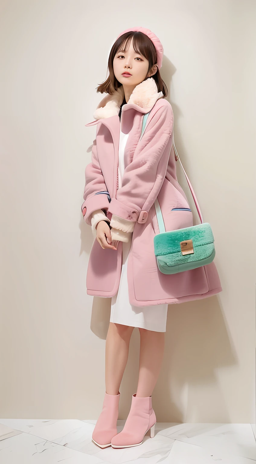 ((masutepiece, of the highest quality, High Definition)),Woman in pink coat and white dress with black purse, material is!!! plum!!!, Tuffle coat, Roots and hay coat, soft cute colors, Pastel Fur, kemonomimi, designed for cozy aesthetics!, in pastel colors, a cake」, Wearing a detailed purple coat, style of yoshii chie, loose coat collar sailor uniform, Dark style, Pastel style