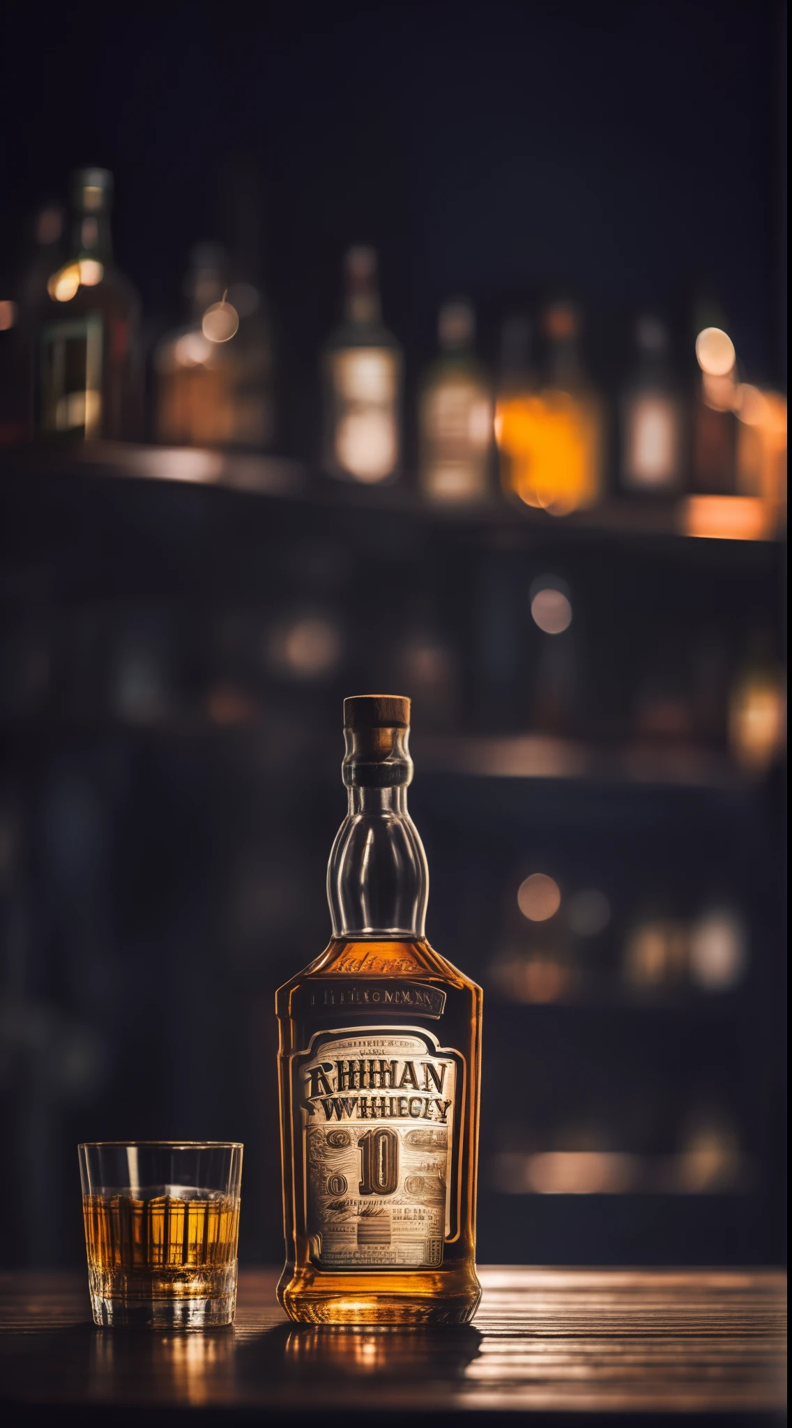 A bottle of whiskey photography,wooden tables,Light sees,Riman,Background bar,There are no characters,