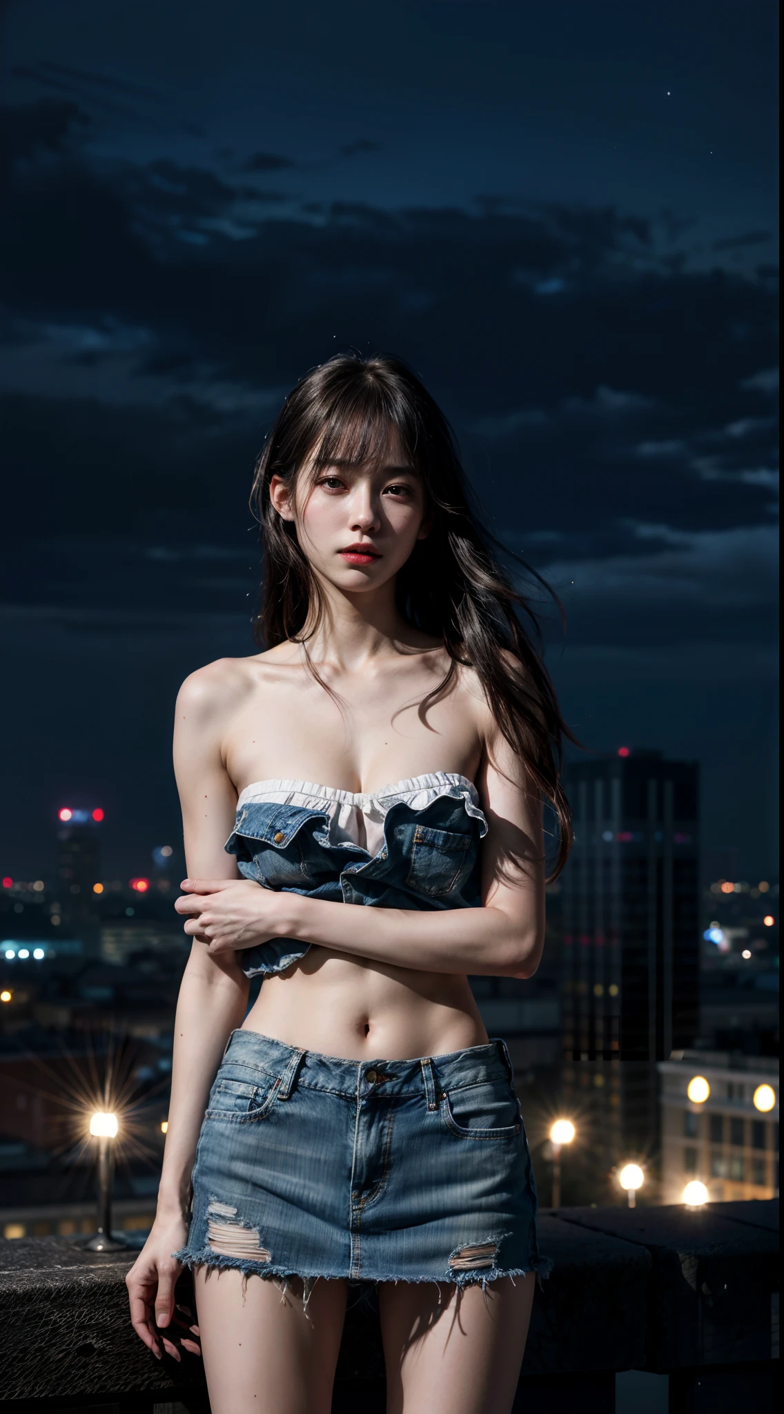 (1girl), russian, solo, long_hair, wearing(denim-strapless-shirt, white-miniskirt), photo(medium-shot), portrait, standing, pov, blurry_background, background(night, tower, rooftop, nightlight), (photorealistic, absurdres, best_quality:1.55),
