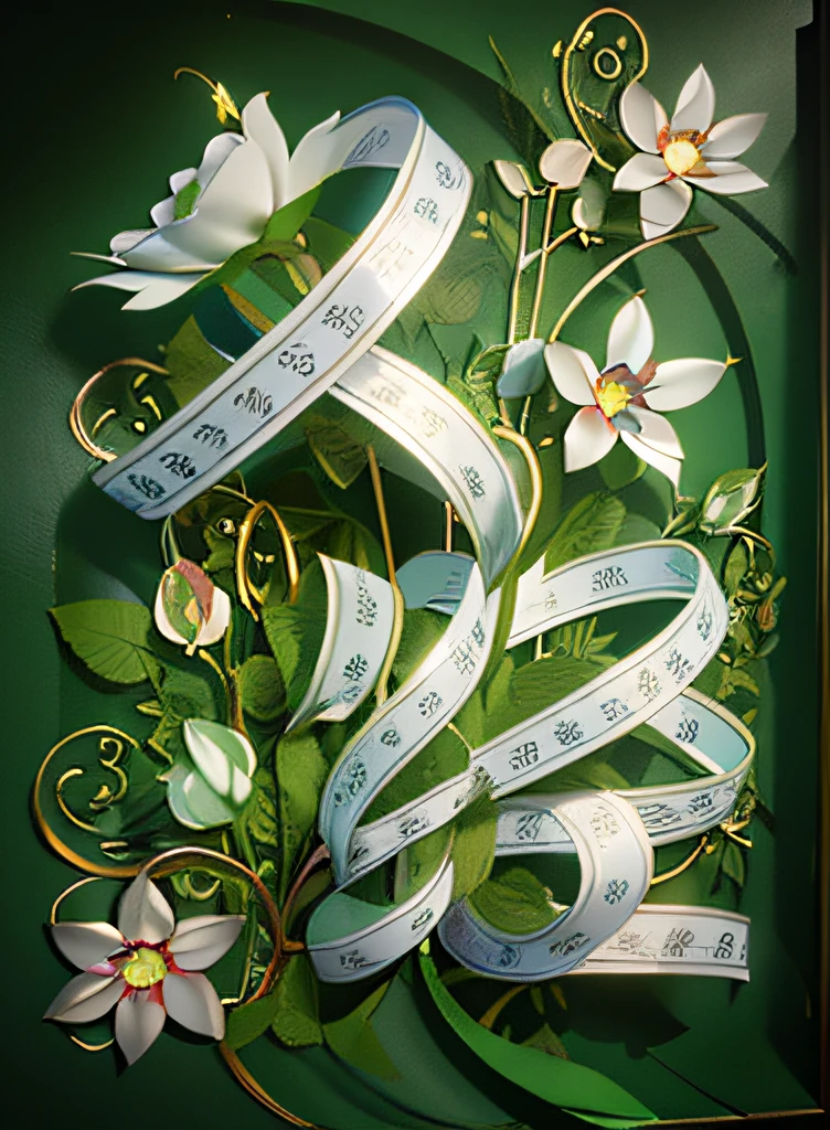 There is a green background,White flowers and ribbons, layered paper style, author:Yu Zheding, Beautiful digital artwork, 4K detailed digital art, A beautiful artwork illustration, 3d matte illustration, Middle metaverse, Exquisite digital illustration, Detailed digital 3D art, Inspired by Xiao Yuncong, intricate digital painting, inspired by Xu Xi