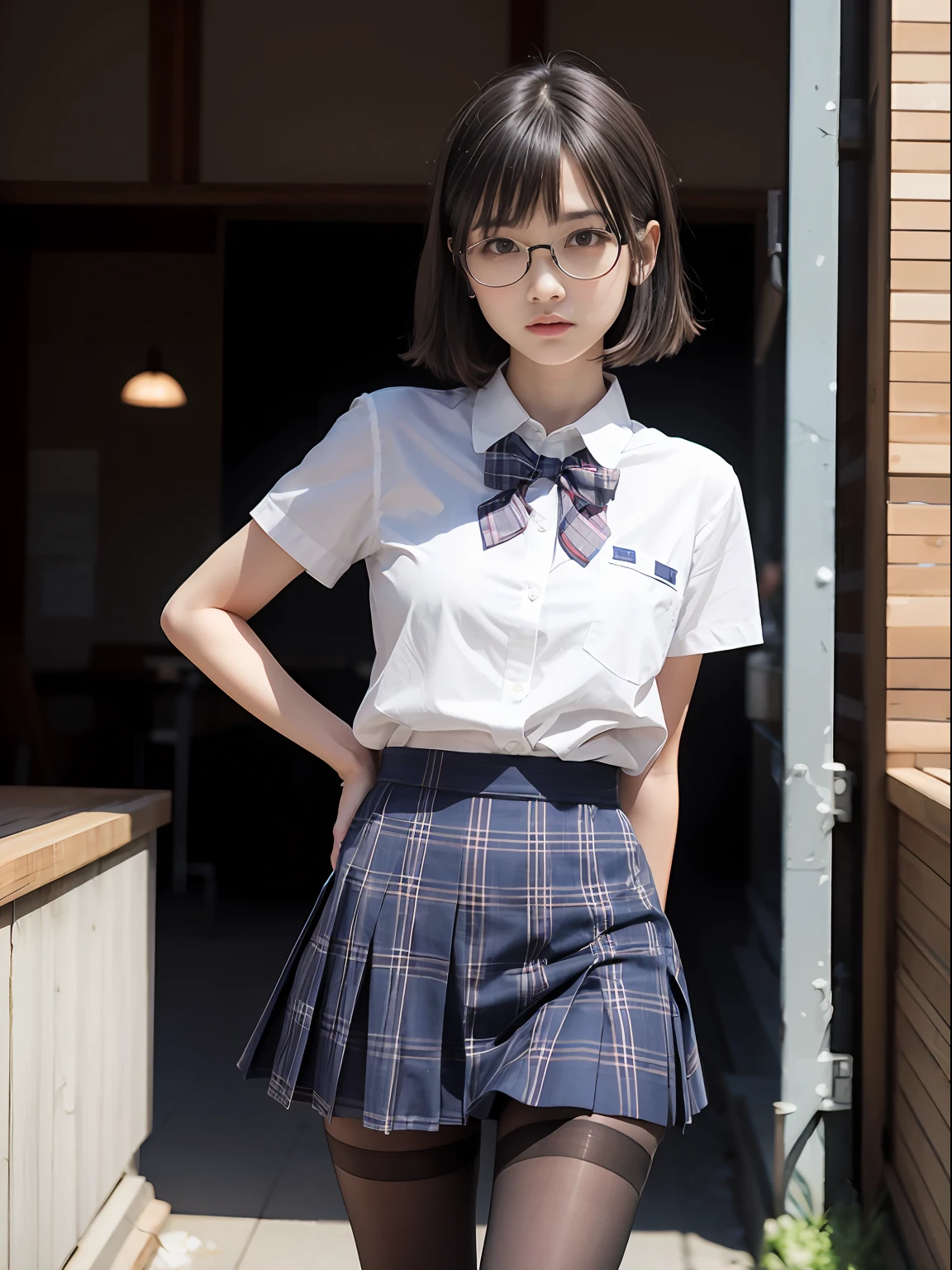 （8K、Raw photography、top-quality、​masterpiece：1.2),(bob cuts),cocky,School,watching at viewers,Looking at the front,Muchimuchi,Erotic,Pupils,Light Blue Bra,de pele branca,kne,(Black pantyhose),absurderes,a small face,small tits,flat breast,Parting the bangs from the middle、Forehead visible,(a cold expression,Tight eyes,glares,Bullish,skinny,Rasping,irate)、​masterpiece,top-quality、超A high resolution,Raw photo,ren,Beautiful fece,One Person, 独奏,eye glass,,Dark look,Small breasts,fullllbody,Round glasses、cute little、Back to Student,JK school uniform,hi-school girl,A Japanese Lady,is standing,（Photorealsitic：1.37）、Photon mapping,Realistic、Cute little face,Brown-eyed、Black socks、(Red bow tie)、Radio City、Physically Based Rendering、depth of fields、Blurry background、a picture,Body,teens girl,beauty legs, Long legs, Thin leg,(Bangs are visible), hair, s lips, Blue_The eye, nosesoft,(Light blue shirt), (Navy and blue and white plaid pleated skirt), Knees are visible,Sheer clothing,, Thigh, Black cotton socks,Nogizaka Idol, 女優, Japanese ido