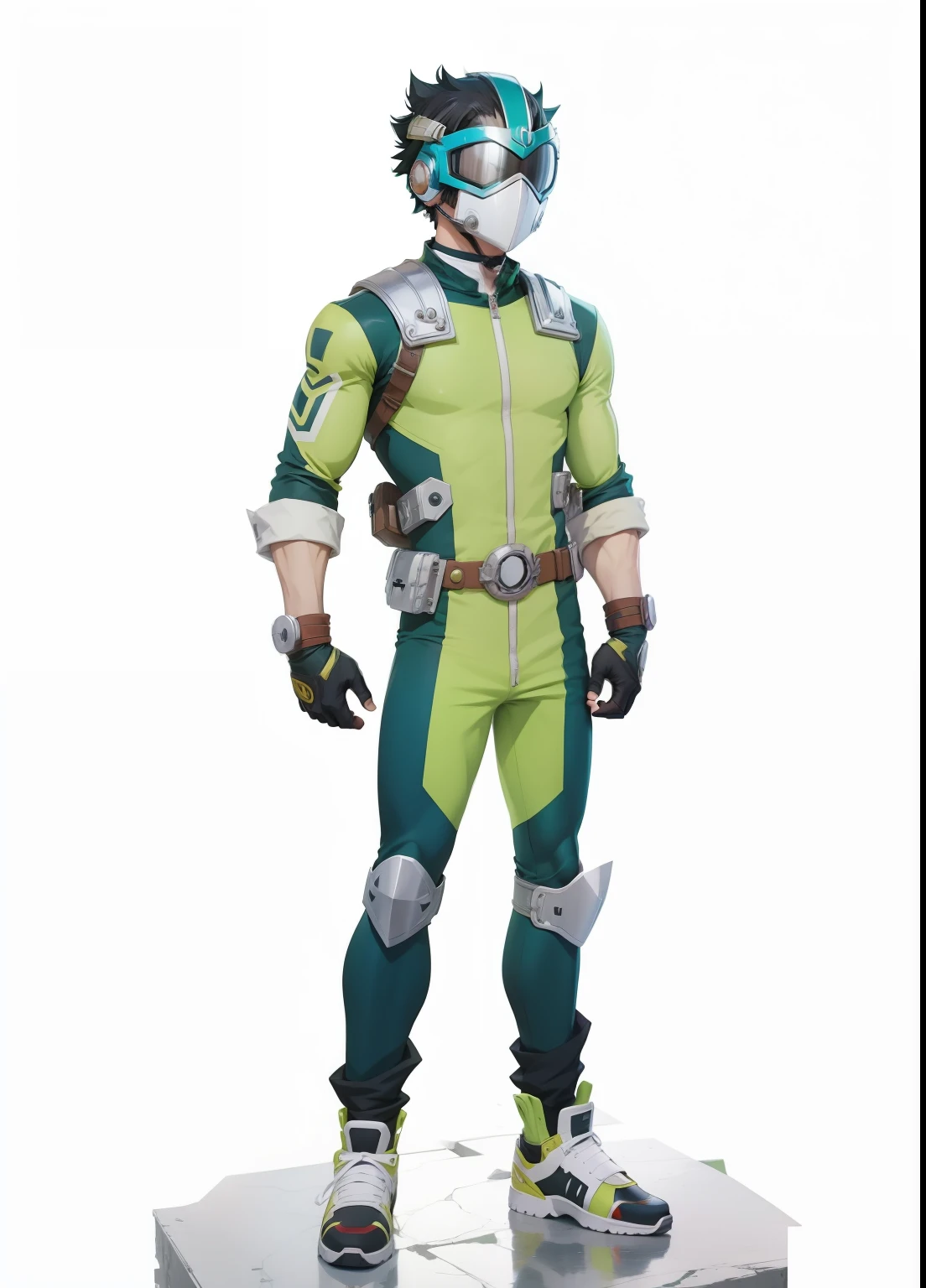 My Hero Academia style, anime boy, male, young male, trending on artstation pixiv, (full body shot:0.5), Masterpiece, fullbody suit, Hero costume, Head Covering, Helmet, Face Covering, Mask, Perfect Anatomy, Super Detailed,