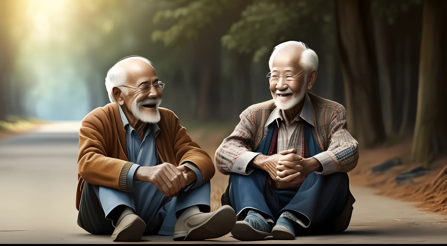 old man, old clothes, sitting smiling cheerful talking to boy.