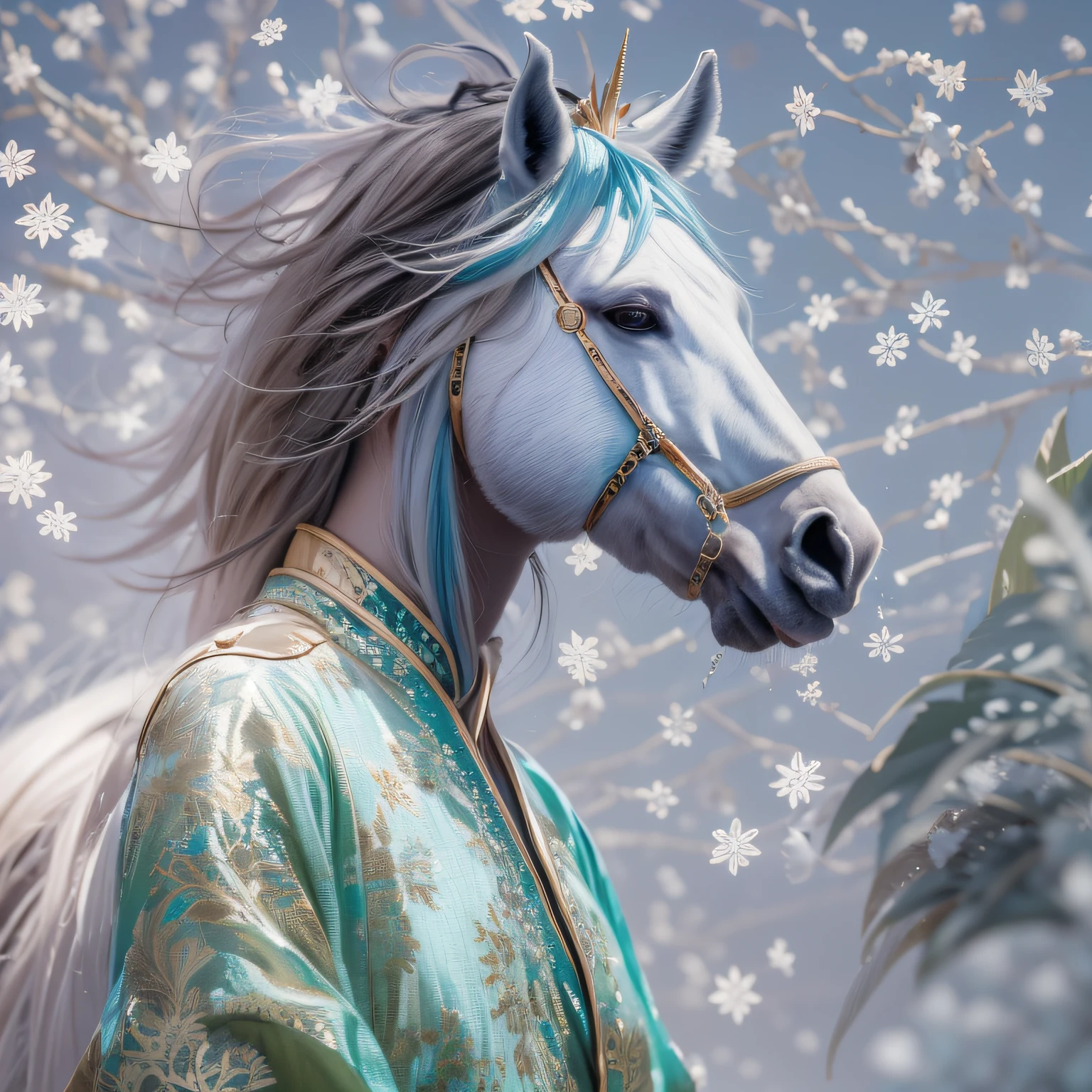 32K(tmasterpiece,k hd,hyper HD,16k)Flowing short hair,Backroom pond,zydink, a color, Asian people (A unicorn), (Silk scarf), Combat posture, looking at viewert, long whitr hair, Floating hair, Hanfu, Chinese clothes, longer sleeves, (abstract ink splash:1.2), white backgrounid,Horse unicorn beast(realisticlying:1.4),Snowflakes fluttering,The background is pure, A high resolution, the detail, RAW photogr, Sharp Re, Nikon D850 Film Stock Photo by Jefferies Lee 4 Kodak Portra 400 Camera F1.6 shots, Rich colors, ultra-realistic vivid textures, Dramatic lighting, Unreal Engine Art Station Trend, cinestir 800,