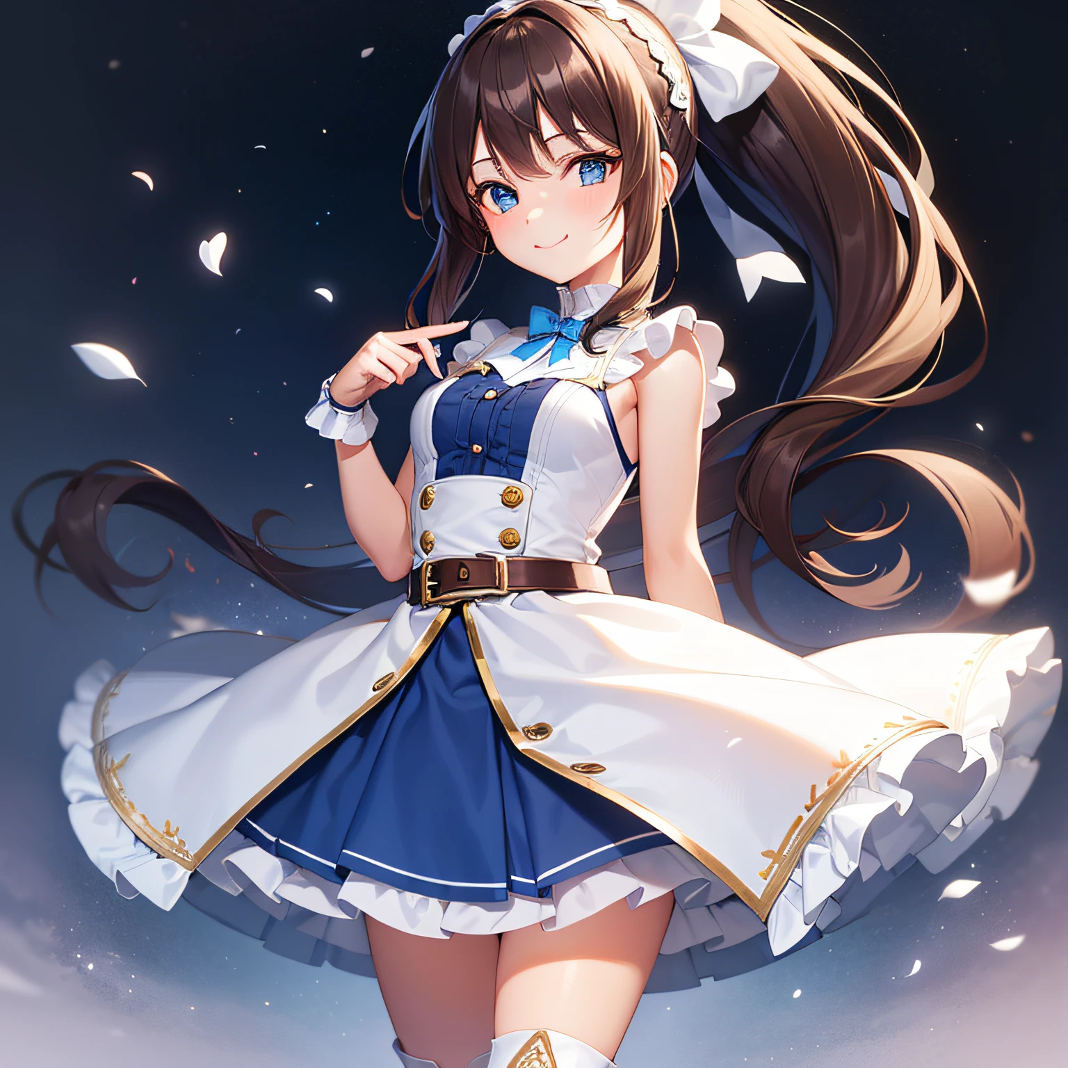 top quality, very delicate and beautiful, girl, 11 years old, (dark brown hair), blue clothes with vertical buttons, belt at the waist, white skirt, (ponytail)), (white hair band), (brown boots), blue eyes, standing, smile,