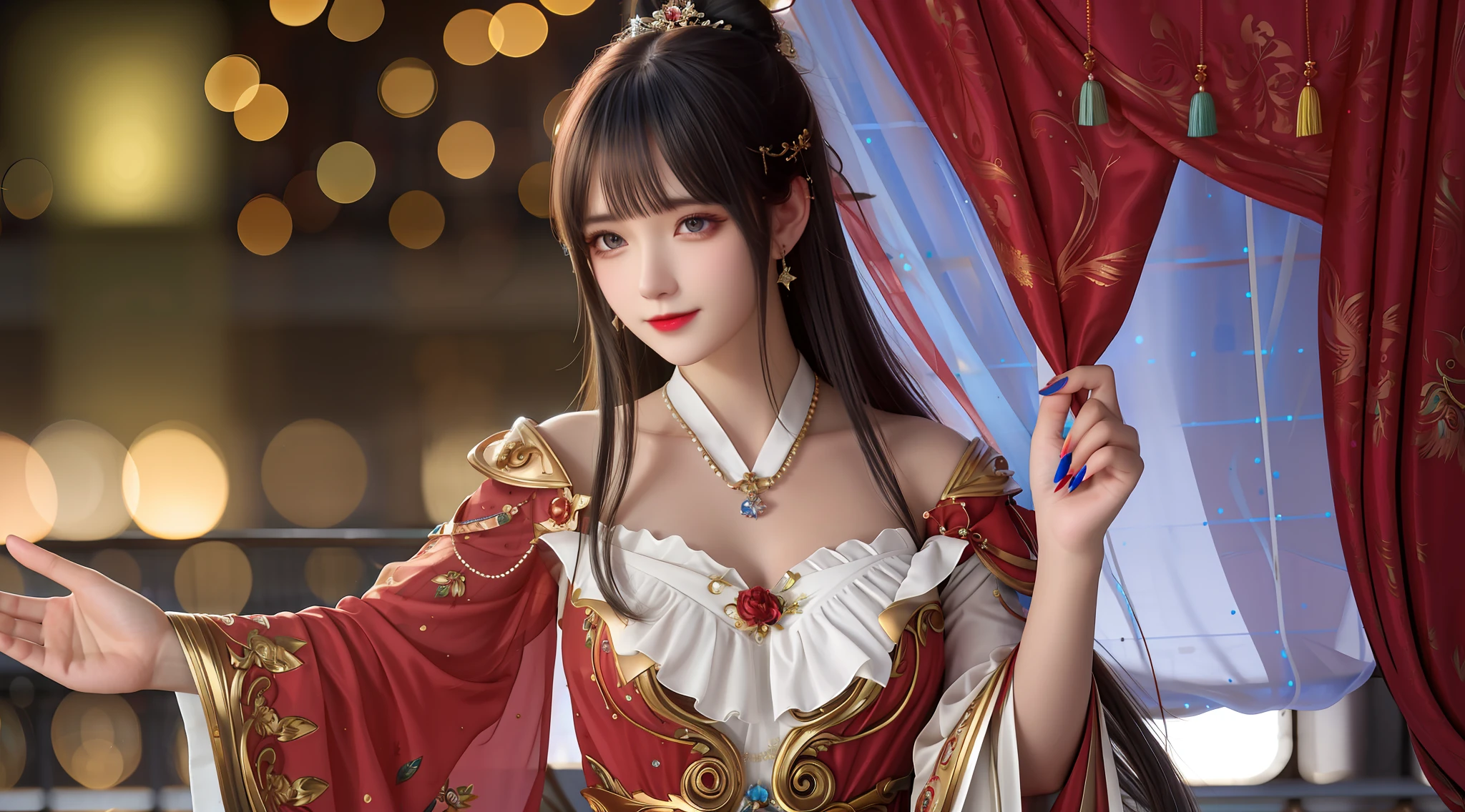 Best quality,tmasterpiece,A high resolution,CG,1girll,long whitr hair,mano,Five fingers,Blue nails,Eau,独奏,rosette,jewely,Red dress,耳Nipple Ring,hair adornments,spatter,The upper part of the body,hair-bun,brunette color hair,illuminating,Frankness,photore,A high resolution,4K,8K,Bokeh,Faraway view