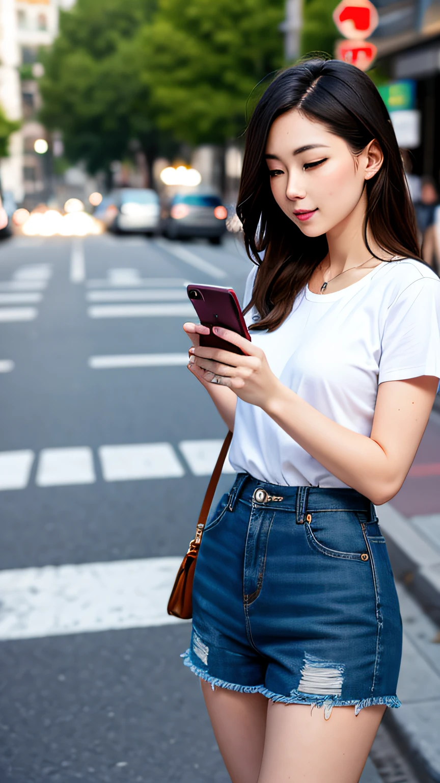 Beautiful woman, fiddling with cell phone in the middle of the street, short clothes