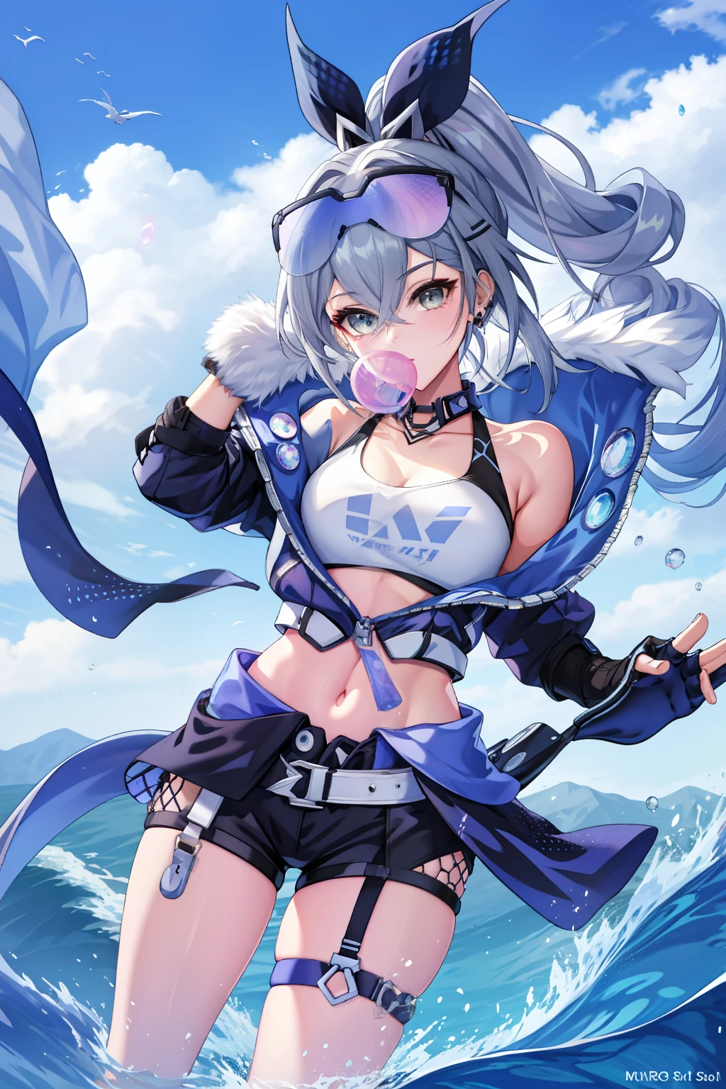 Masterpiece, Best quality, Silver Wolf V5, 1girll, Solo, view the viewer, shirt, hair adornments, mitts, navel, cleavage, Bare shoulders, jewelry, Medium breasts, Jacket, Hair ribbon, White shirt, Thighs, Earrings, Open clothes, Shorts, Sleeveless, choker necklace, Black gloves, hair pin, midriff, Fingerless gloves, Armpits, cropped shoulders, stomach, Open jacket, Crop top, Sleeveless shirt, thigh band, Black shorts, sunglasses, fishing nets, eyewear on head, open fly, Micro shorts, bubble blowing, chewing gum,