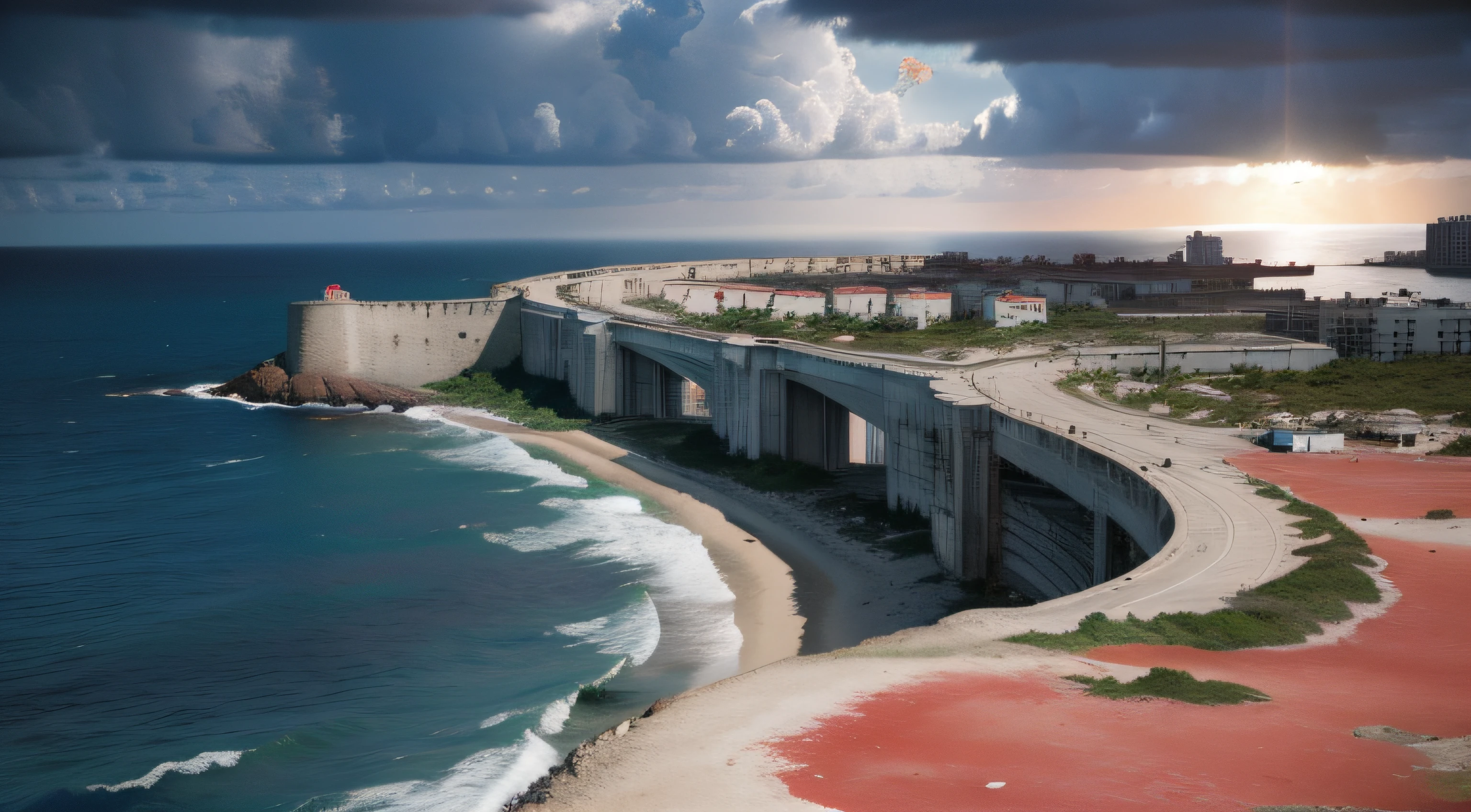 the ocean,red seawater,Abandoned cities,High-rise buildings,Remains Cliff,armored concrete,Be in the middle of it,dark stormy clouds,futuritic architecture,delicated,Wallpapers,k hd,higher details,barren,lifeless,Abandoned houses,After the end times,A doomsday scene,cyber punk perssonage。