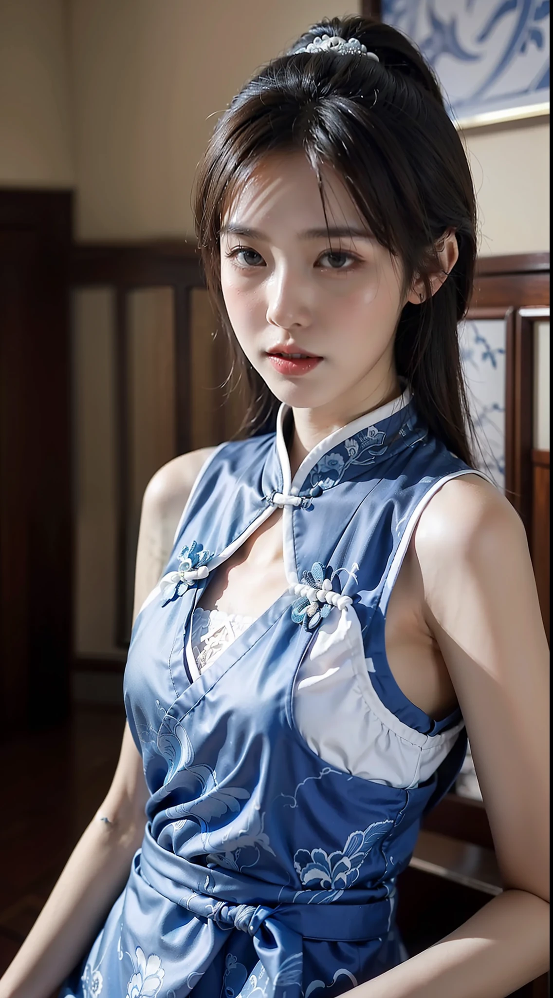 tmasterpiece,The is very detailed,Textured skin,hyper-detailing,A blue and white dress,on cheongsam,hanfugirl,Blue and white porcelain style,ancient china art style,China-style,Ancient Chinese Aesthetics,Chinese style,Traditional Chinese art,Oriental art style,Blue and white porcelain background,Cinema lenses