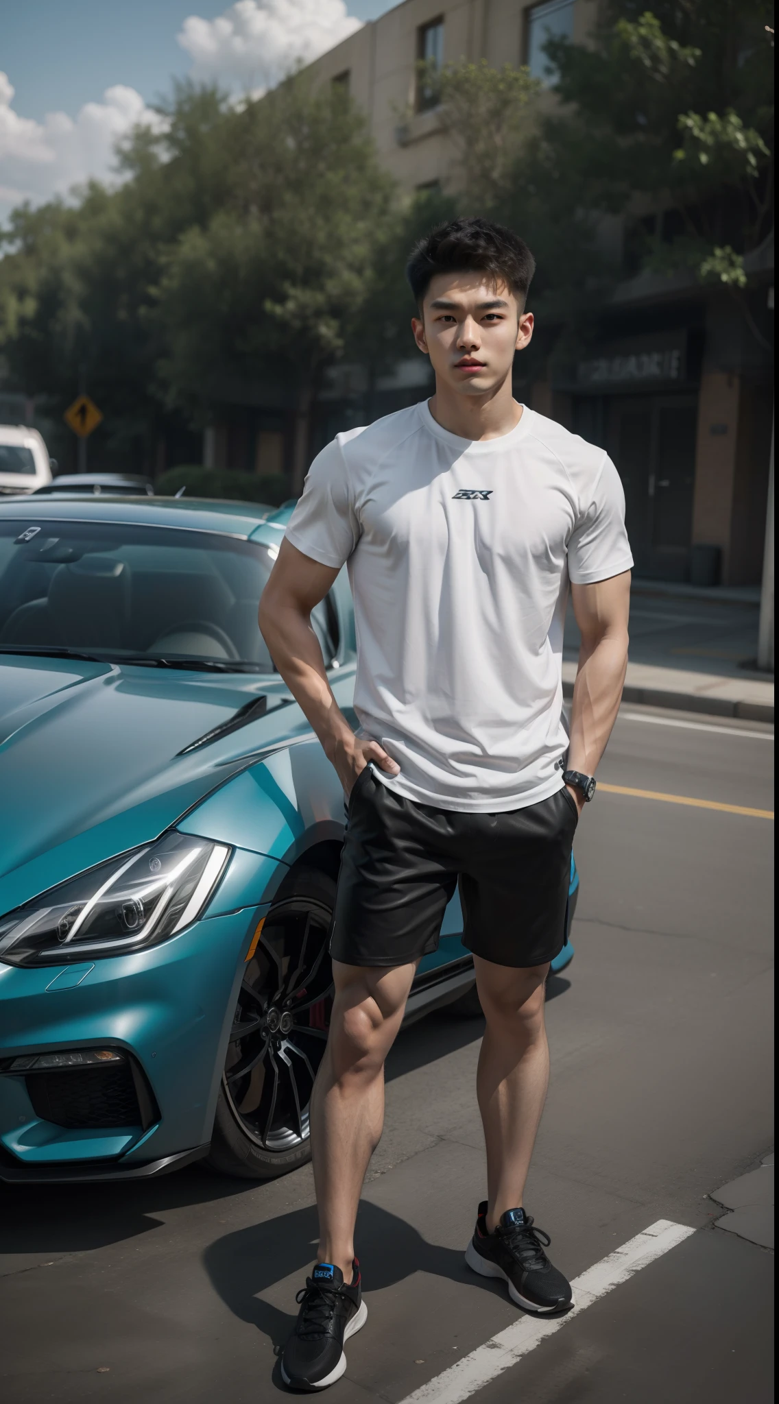 Xu Kai's face，short sleeved shirt，Leaky knee shorts，full body detailing，Ultra-high quality images，hyper realisitc，Realiy，musculature，Sports car in the background，