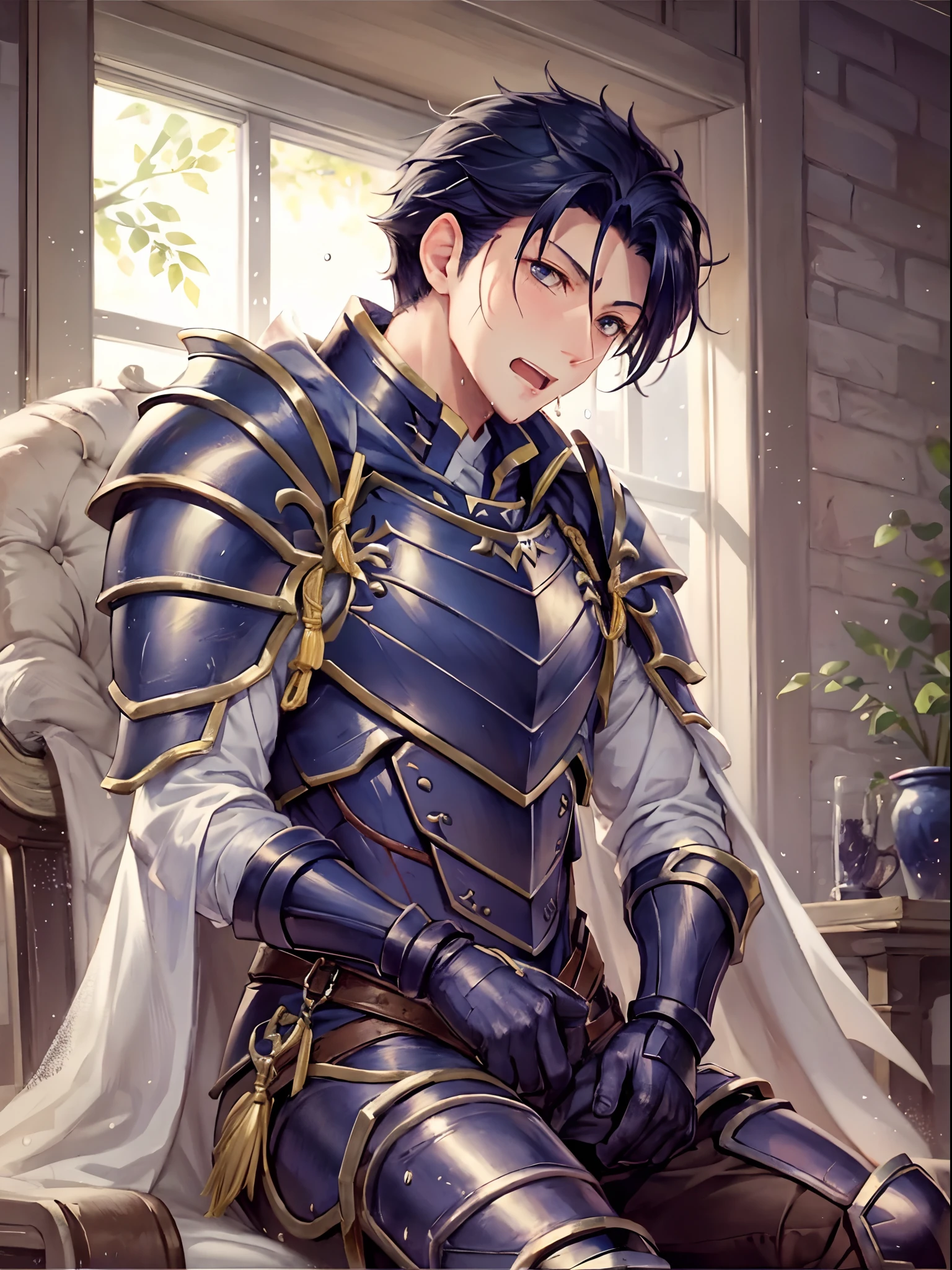 Hector Fey, 独奏, looking at viewert, Teasing laughter, Open your mouth,drools,perspire,Drenched,Get wet,mitts, 1 man, Male focus, sit astride(sit on chair),Cloak, Armour, Shoulder armor, look from down