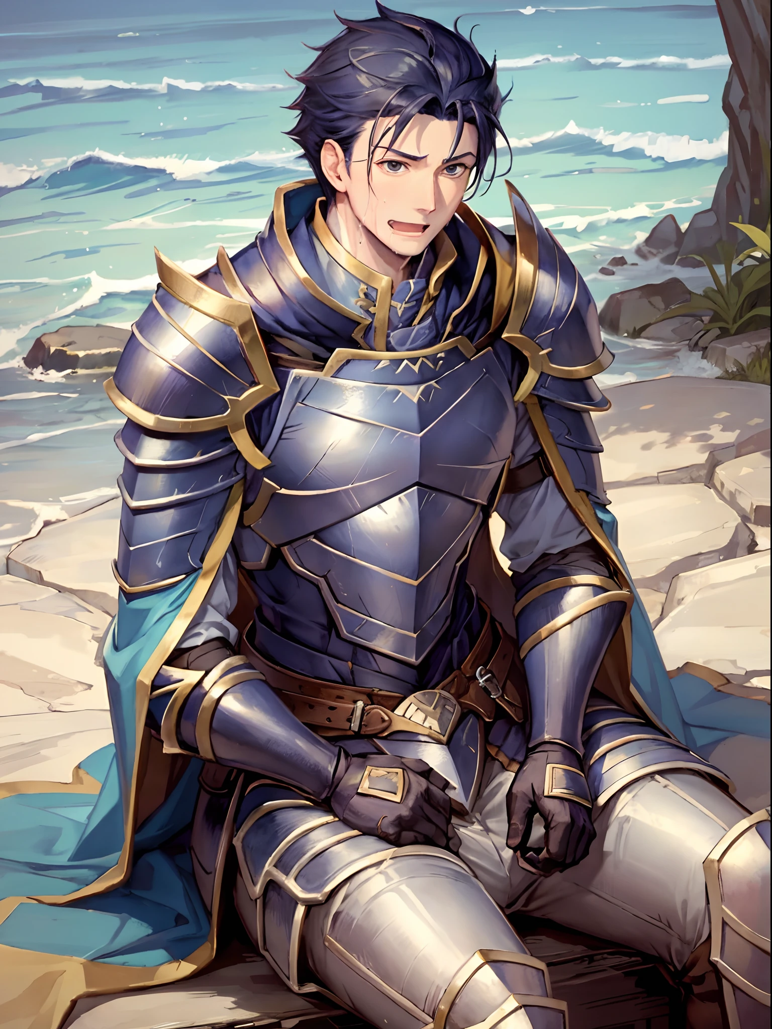 Hector Fey, 独奏, looking at viewert, Teasing laughter, Open your mouth,drools,perspire,Drenched,Get wet,mitts, 1 man, Male focus, sit astride(sit on chair),Cloak, Armour, Shoulder armor, look from down