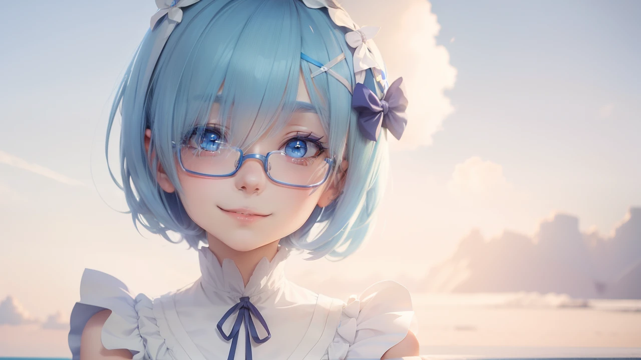 girl with blue hair and a bow in a white dress, rem rezero, loli, 8k!, anime moe artstyle, 8k!!, happy!!!, !8k!, little shy smile, faint smile, 4k!, serene smile, realistis, masterpiece, (glasses)
