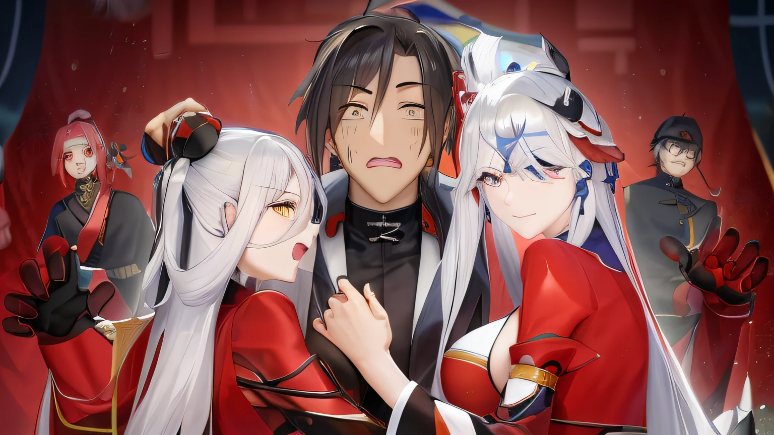 Anime characters are hugging and posing for a photo, Keqing de Genshin Impact, Personagens de Azur Lane, Anime Party do Amigo da Sabedoria, Do videogame Azur Lane, Zhongli, Genshin Impact, Genshin, harem, Isekai, popular Isekai anime, Heise Jinyao, Onmyoji, 8k!!, 8k!
