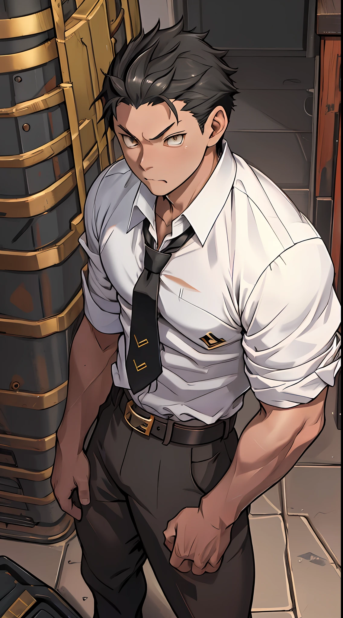 （1 Adult male），A high resolution， Sharp focus， Pixiv masterpiece， （（Complicated details））， highly  detailed， natsuki_subaru， 1 adult male，virile，Gentlemen style，toughboy style， with her mouth open，drools，full bodyesbian， Golden eyes（eyes glowing）， with short black hair，Tie shirt，thongs，Silver belt，perspire，look from down