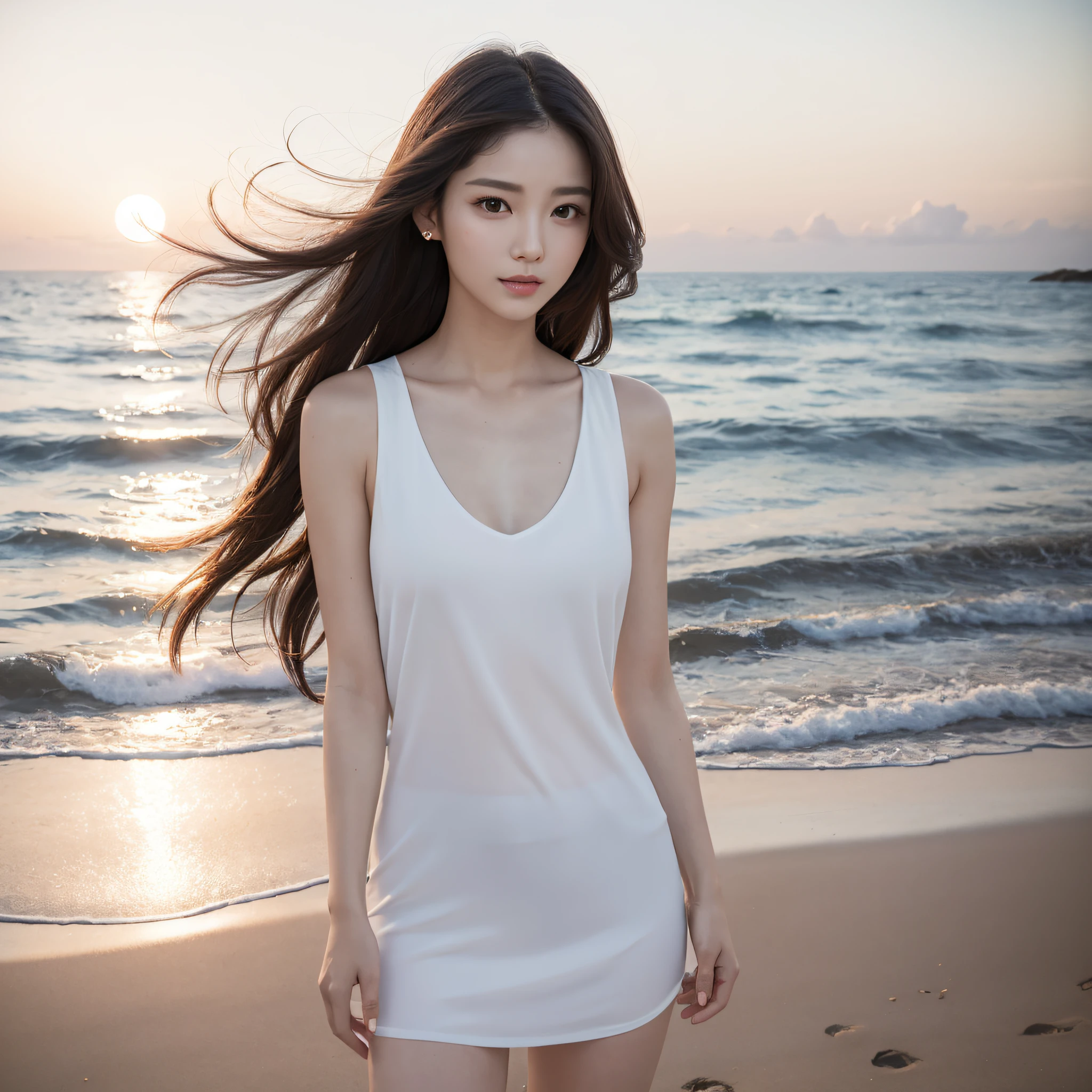 One lady、((best qualtiy、8k masterpieces:1.3))、foco nítido:1.2、(ultra beautiful faces:1.0)、(shinny skin:1.0)、photos realistic、A dark-haired、Video Lighting、High-definition eyes and face、Video Lighting、(Korean Cute Actress)、from the front side、medium breasts、ssmile、Sleeveless、Slender Abs Beauty、Whole body、Wearing a white blouse、On the beach at night
